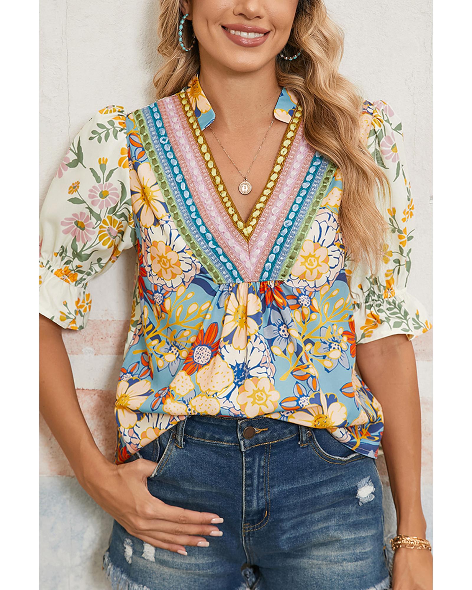 V539-AZEXDC25129482-P22-S-202506120442-00 Multicolour Crochet V Neck Half Sleeve Boho Floral Blouse - S - Image 1