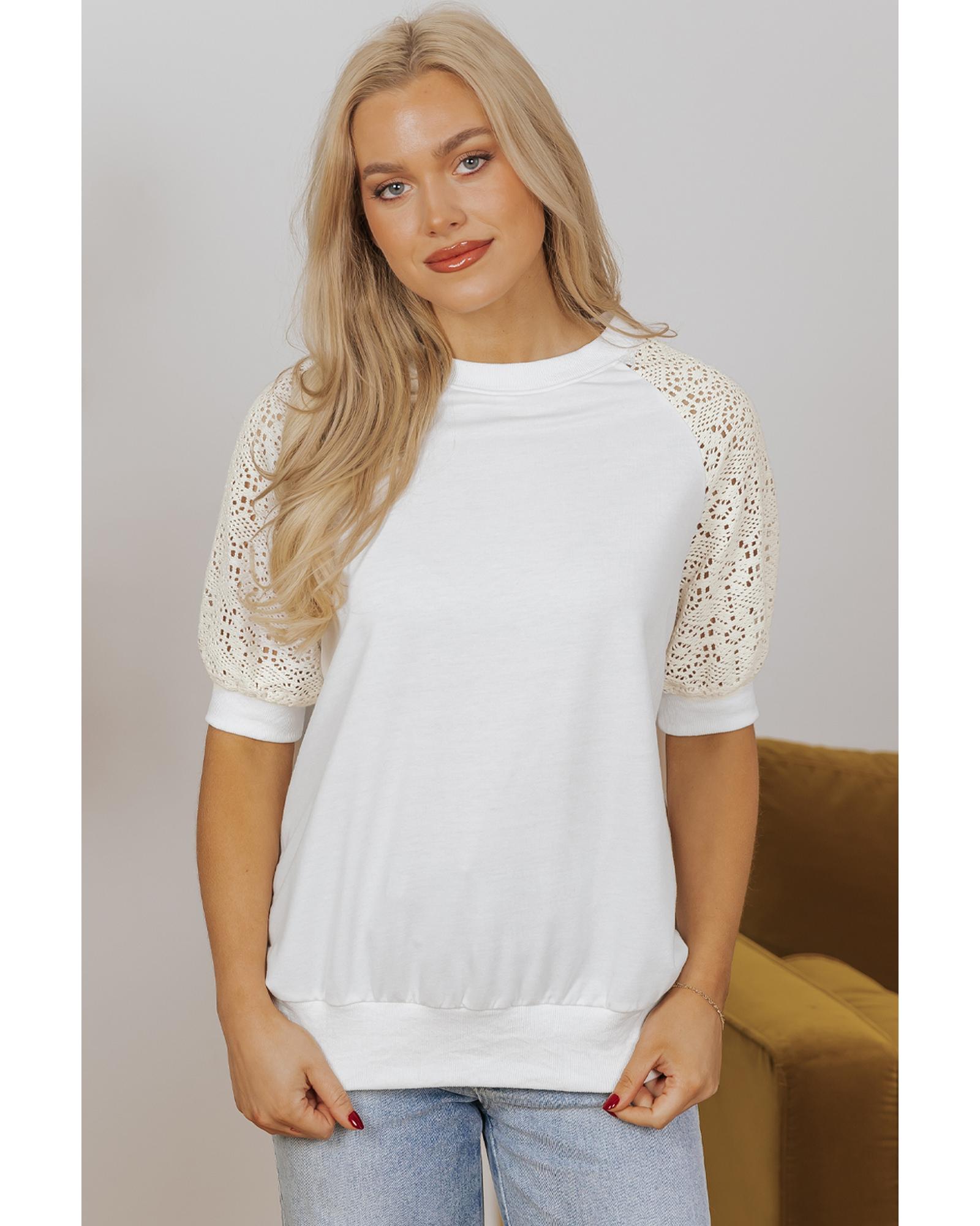 V539-AZEXDC25129601-P1-XL-202508271245-00 White Lace Crochet Short Sleeve Round Neck T Shirt - XL - Image 1