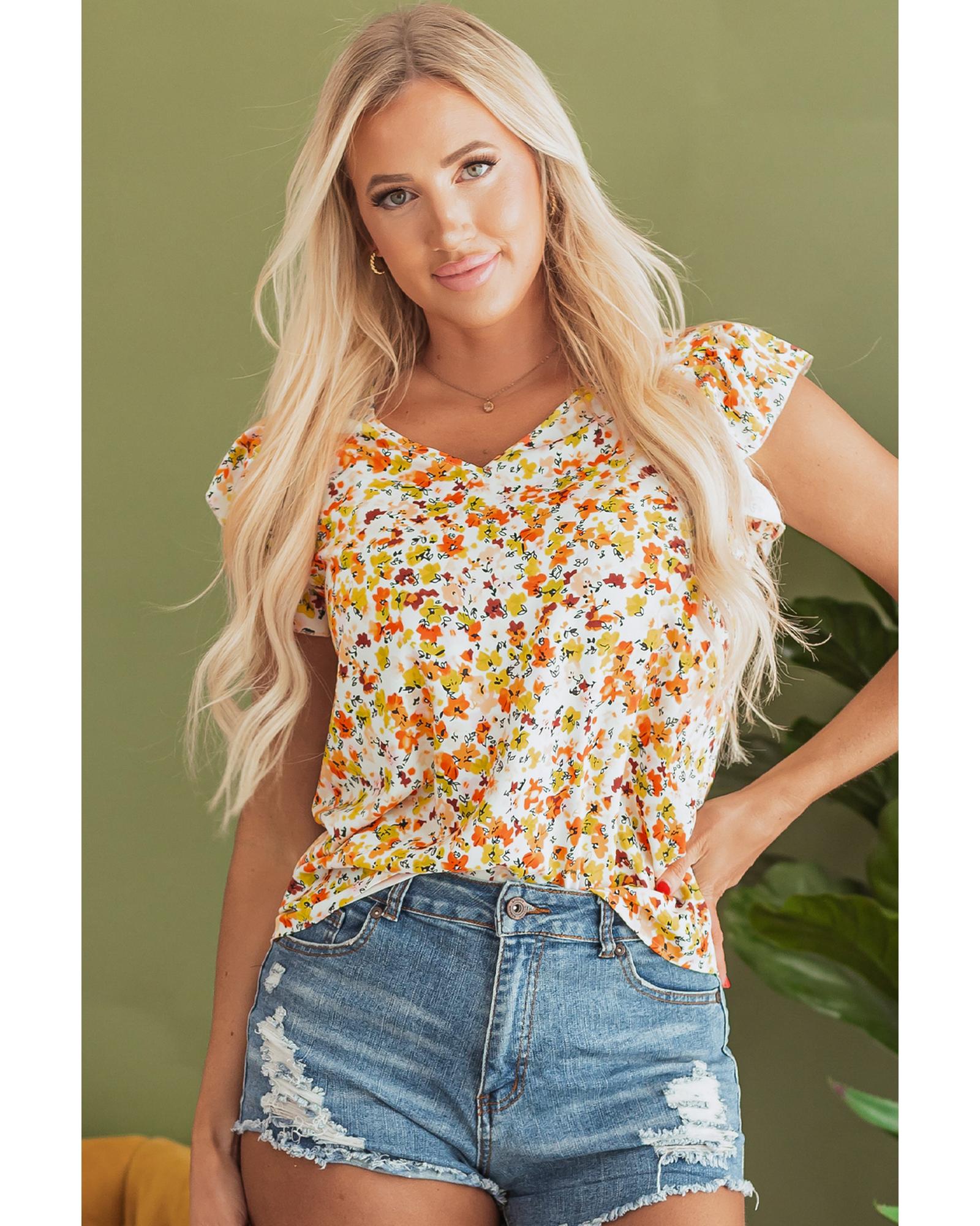 V539-AZEXDC25129675-P920-M-202508271245-00 Green Floral Print Ruffled Sleeveless V Neck Tank Top - M - Image 1