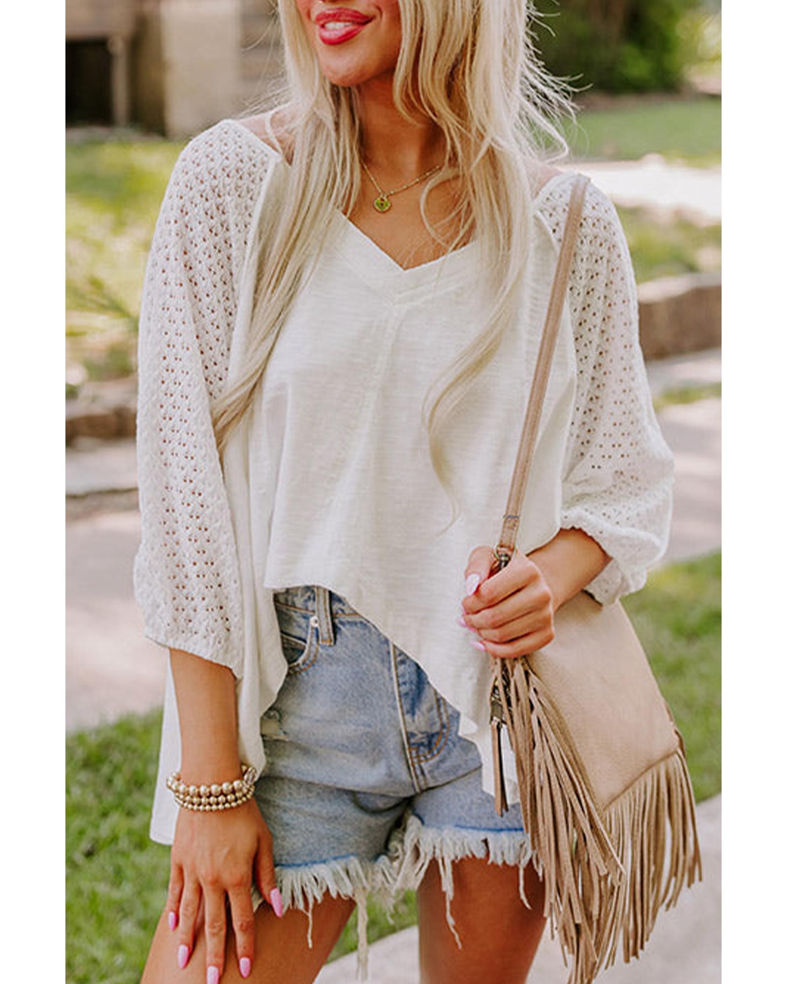 V539-AZEXDC25130191-P101-S-202506121010-00 White Eyelet Patchwork High Low Hem V Neck Oversized Top - S - Image 1