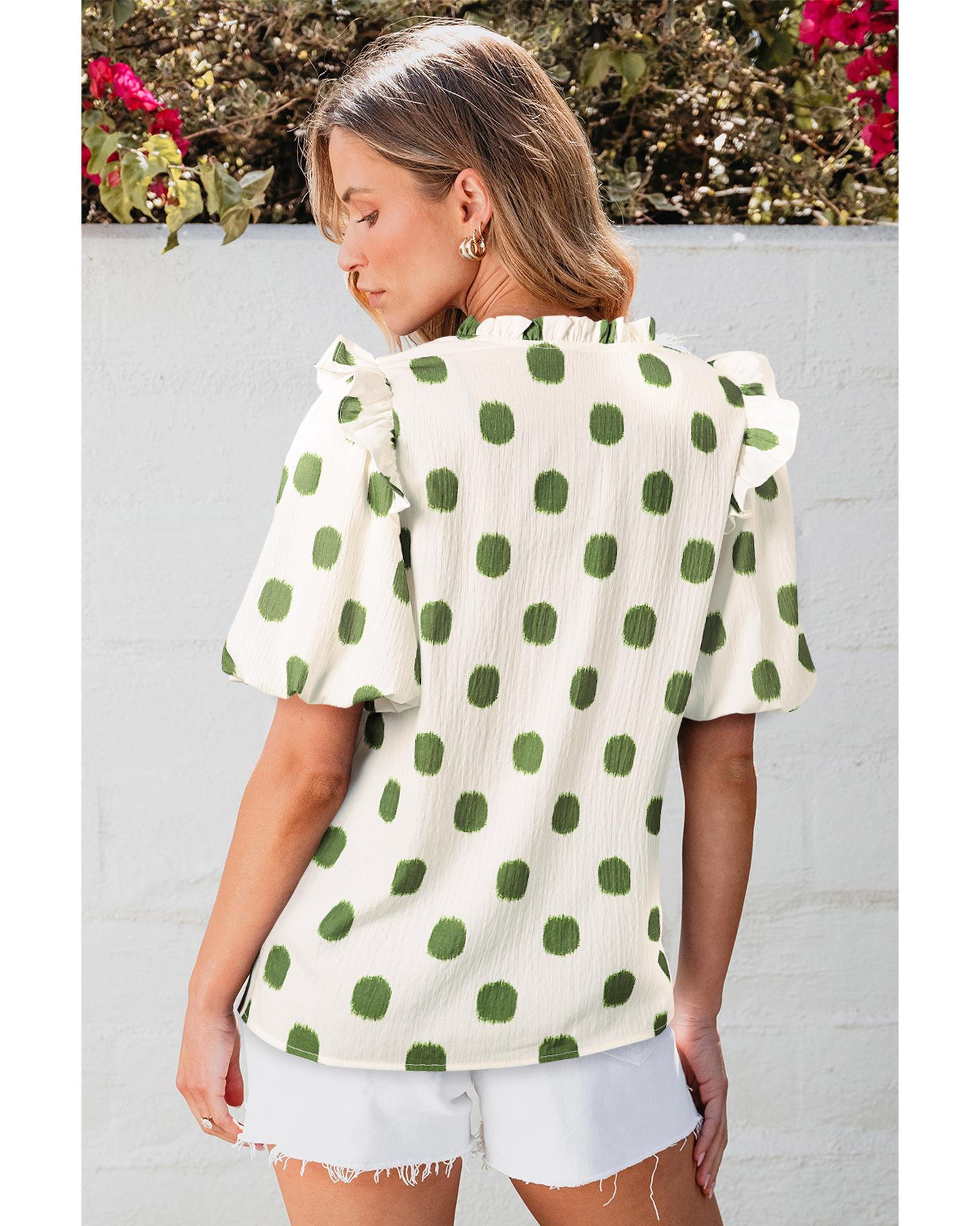 V539-AZEXDC25130347-P1820-L-202508271210-00 Apricot Polka Dot Print Shirred Yoke Notched Neck Balloon Sleeve Blouse - L - Image 1