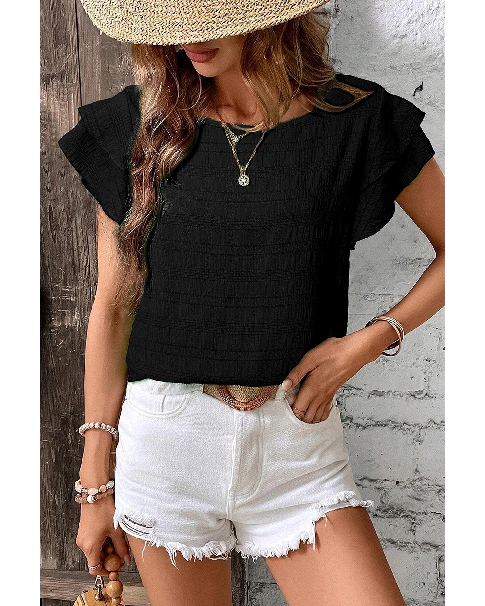 V539-AZEXDC25130371-P2-S-202506121311-00 Black Textured Ruffled Sleeve Round Neck Top - S - Image 1