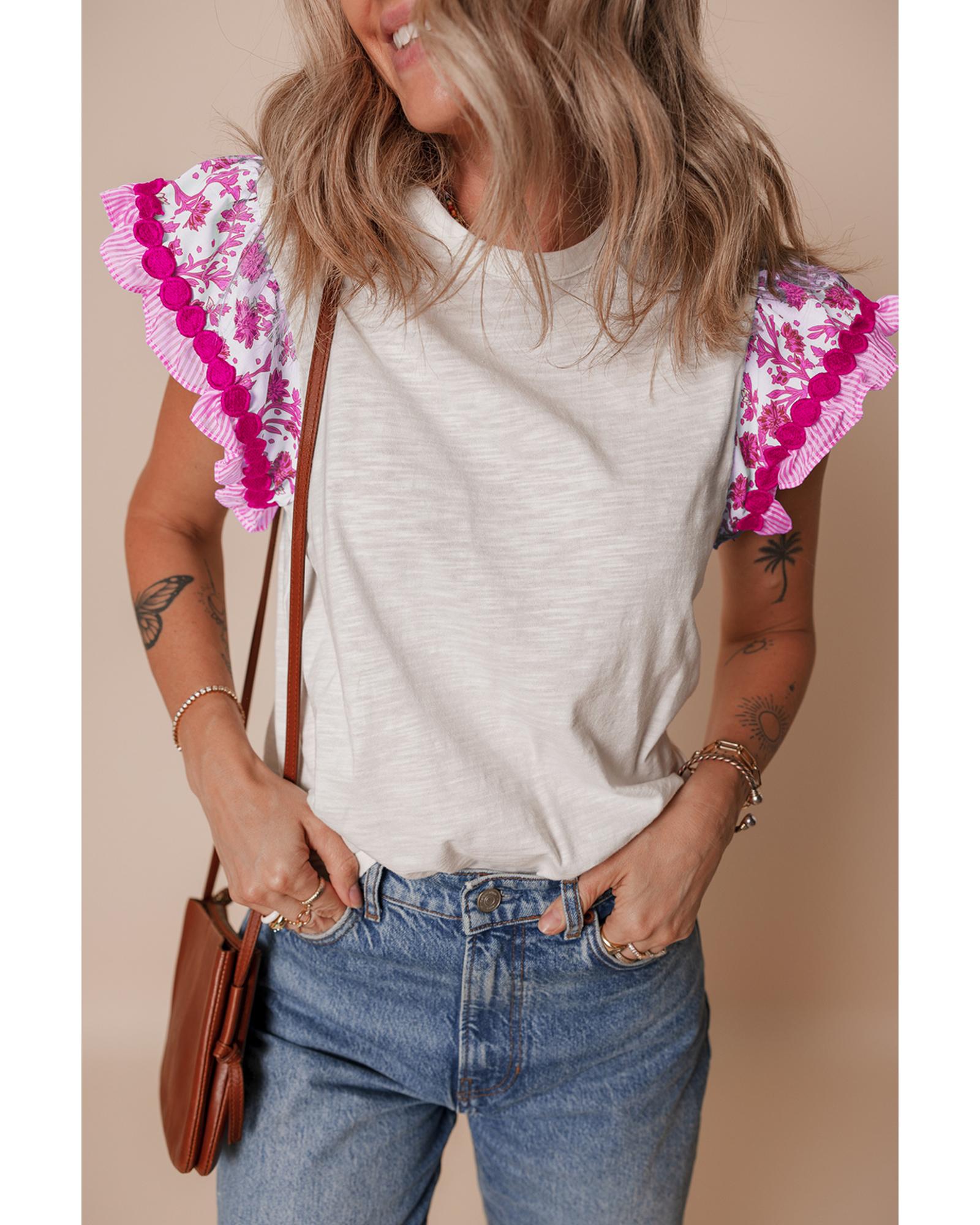 V539-AZEXDC25130430-P620-M-202508271525-00 Rose Ricrac Trim Printed Flutter Sleeve Contrast Patchwork Blouse - M - Image 1