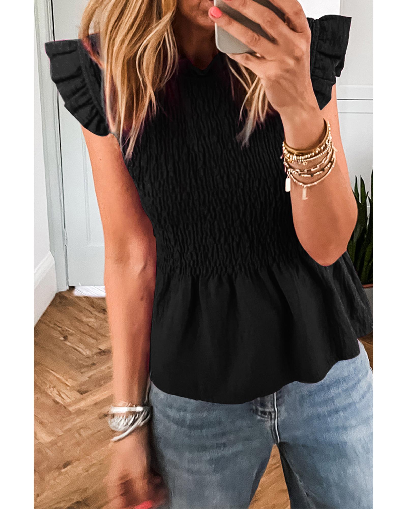 V539-AZEXDC25130456-P2-S-202506121416-00 Black Ruffle Short Sleeve Shirred Peplum Top - S - Image 1