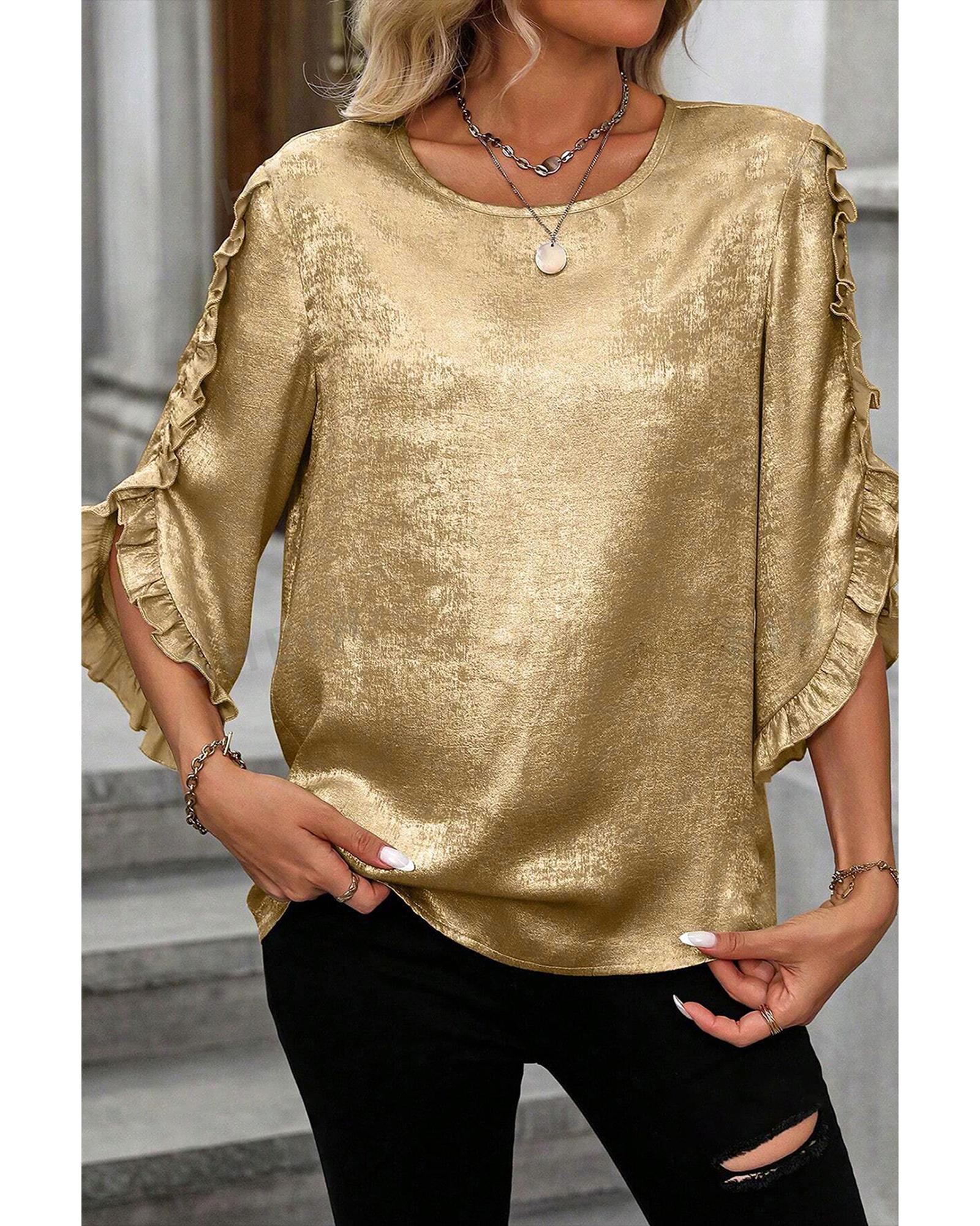 V539-AZEXDC25130711-P12-S-202506121007-00 Gold Metallic Luster Frilled Half Sleeve Blouse - S - Image 1
