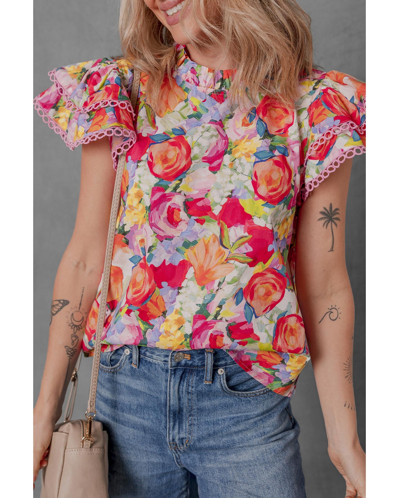 V539-AZEXDC25130753-P22-XL-202508271500-00 Multicolour Lace Trim Ruffle Short Sleeve Floral Blouse - XL - Image 1