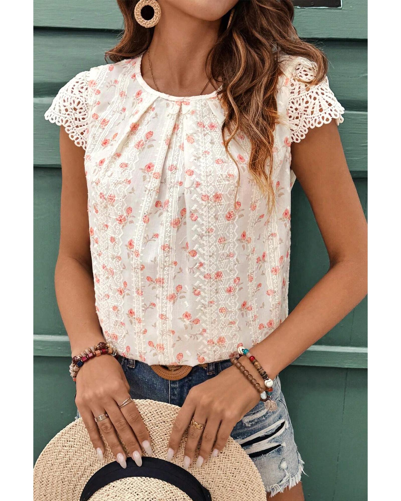 V539-AZEXDC25130771-P1020-L-202508270250-00 Pink Floral Print Embroidery Detail Crochet Cap Sleeve Blouse - L - Image 1