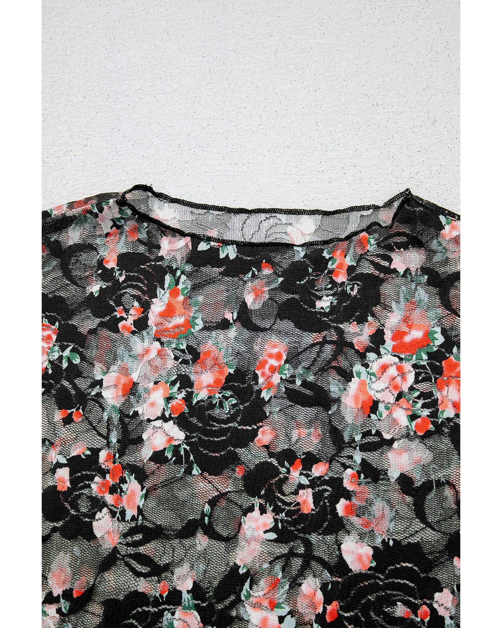 V539-AZEXDC25130800-P220-L-202508272235-00 Black Floral Mesh Sheer Long Sleeve Top - L - Image 1