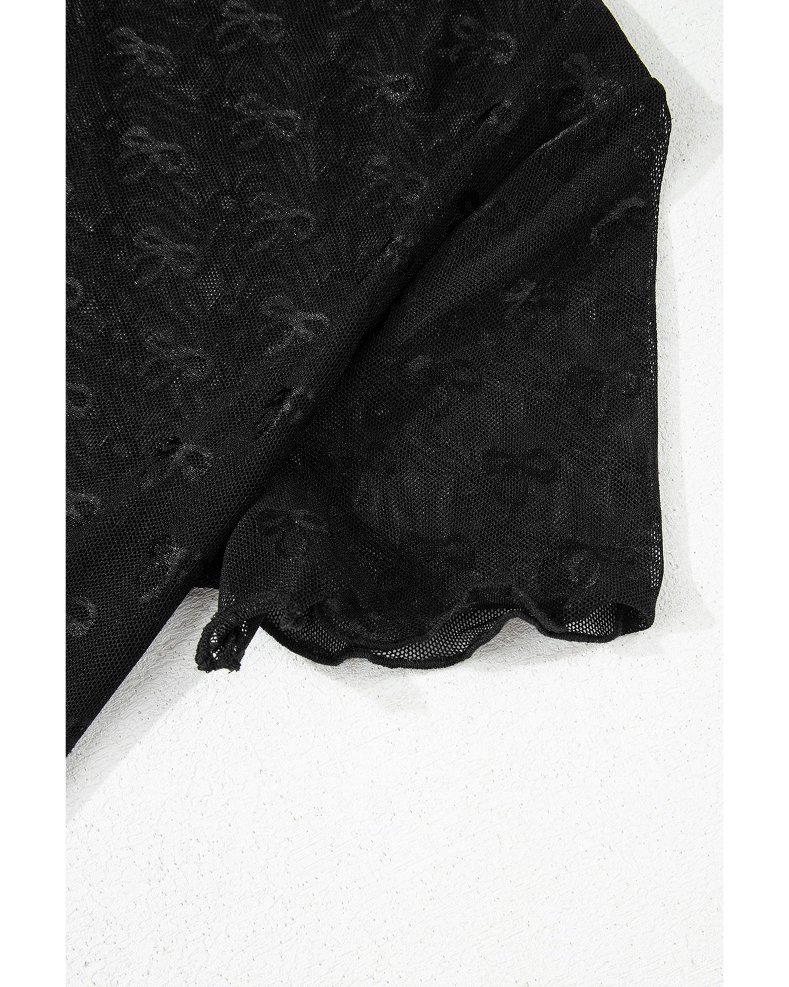 V539-AZEXDC25130844-P2-S-202506121132-00 Black Bowknot Sheer Mesh Mock Neck Lettuce Trim Short Sleeve Top - S - Image 1