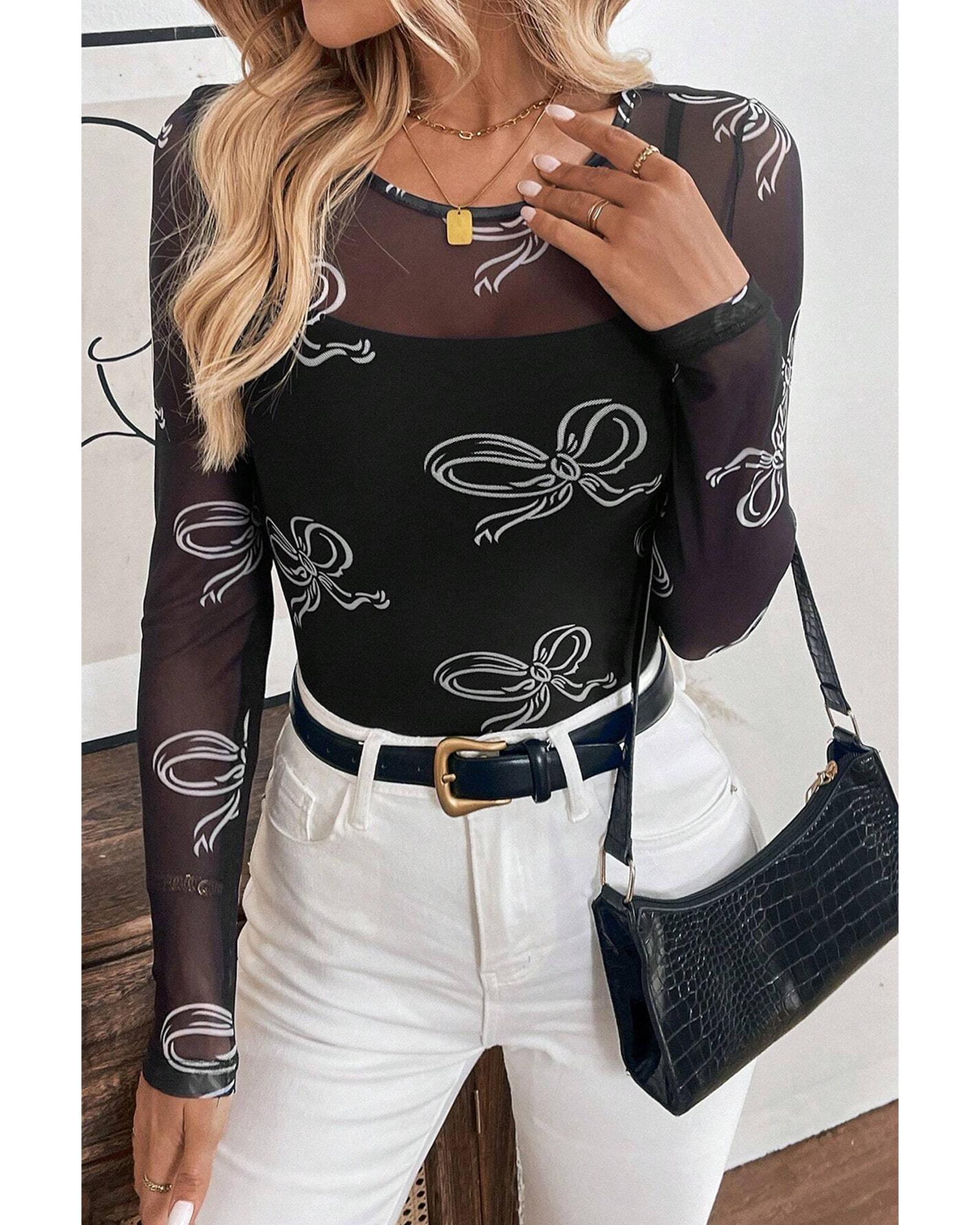 V539-AZEXDC25130855-P220-XL-202508271310-00 Black Round Neck Bow Print Long Sleeve Mesh Top - XL - Image 1