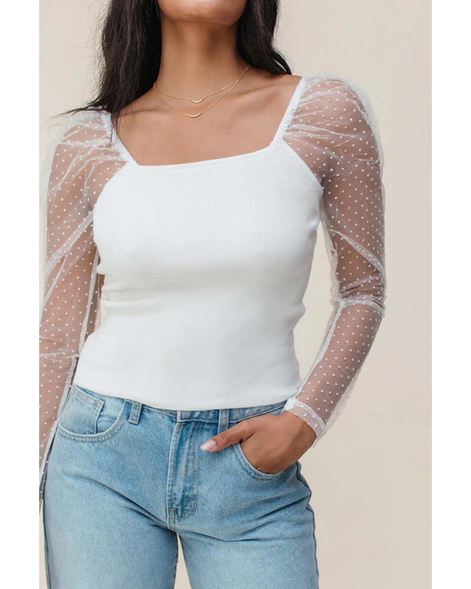 V539-AZEXDC25130858-P1-S-202506121206-00 White Swiss Dot Mesh Long Sleeve Square Neck Slim Top - S - Image 1