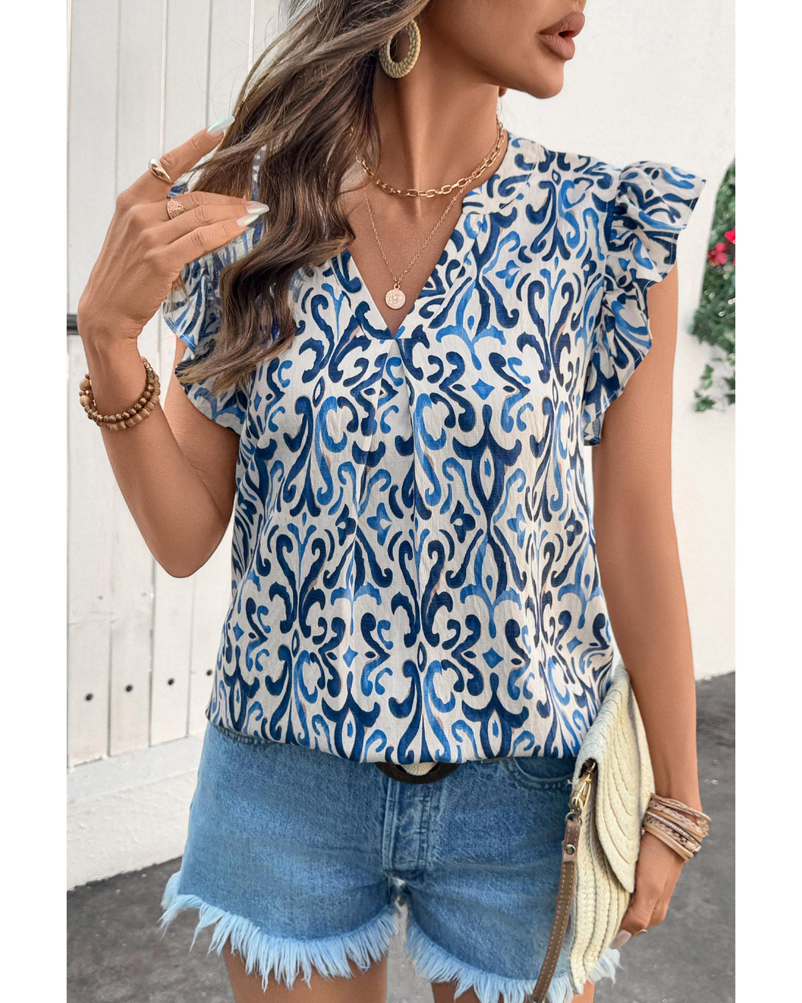 V539-AZEXDC25130964-P420-S-202506121232-00 Sky Blue Boho Abstract Print Pintuck Detail Ruffled Top - S - Image 1