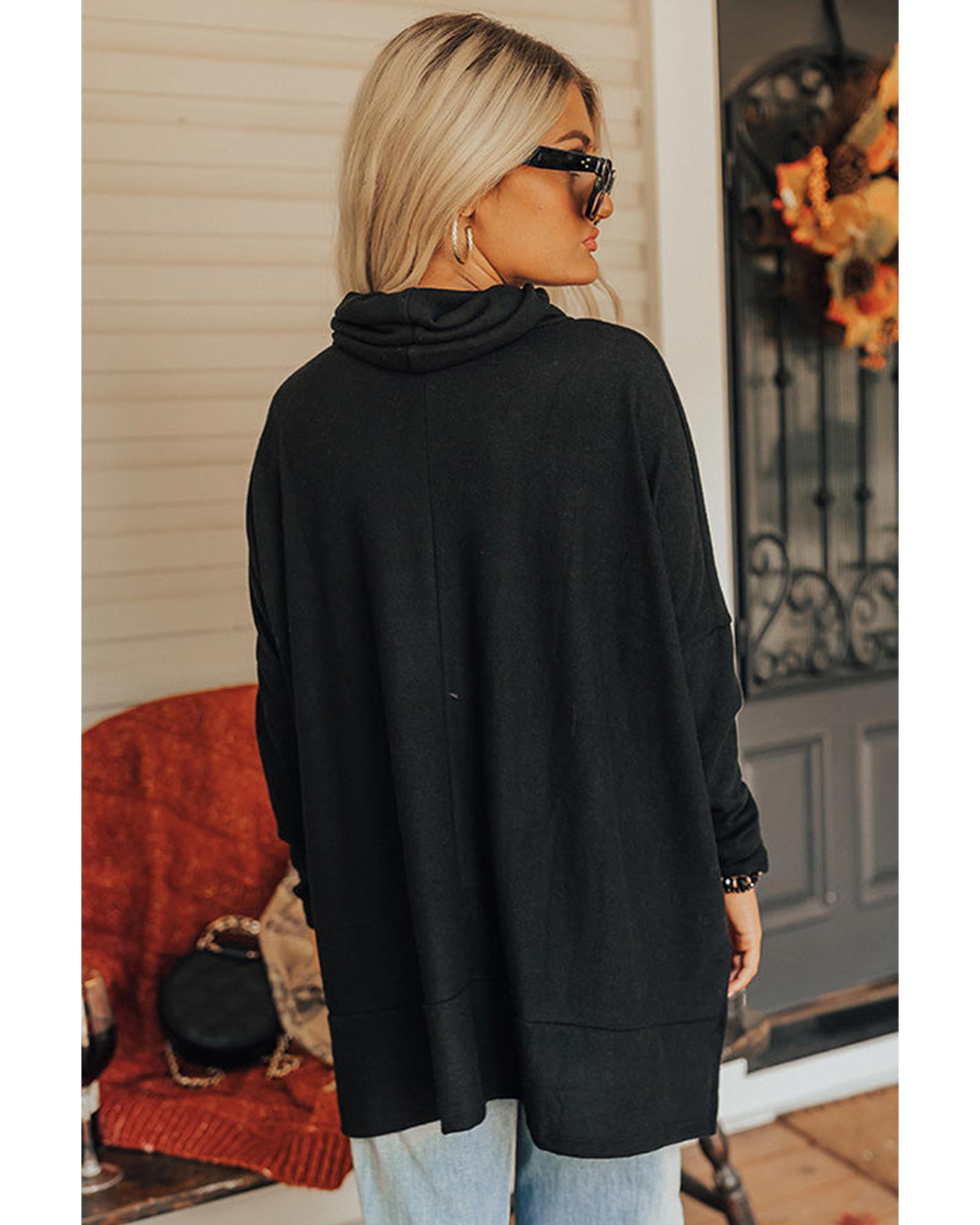 V539-AZEXDC25131025-P2-S-202506121246-00 Black Valentines Chenille Heart Patched Dolman Sleeve High Neck Split Top - S - Image 1