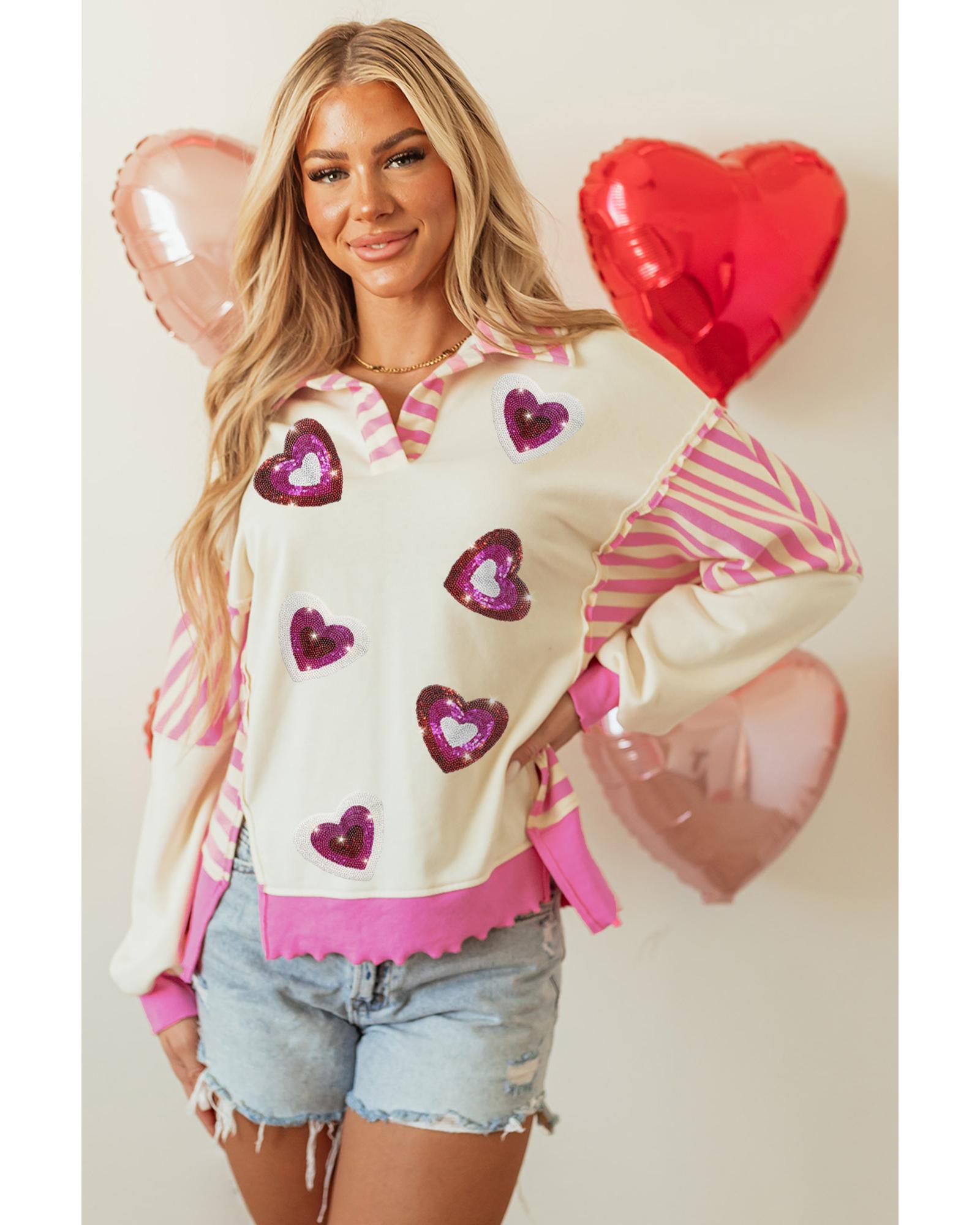 V539-AZEXDC25131027-P1019-XL-202508270900-00 Pink Stripe Patchwork Sequin Heart Pattern Long Sleeve Collared Split Top - XL - Image 1
