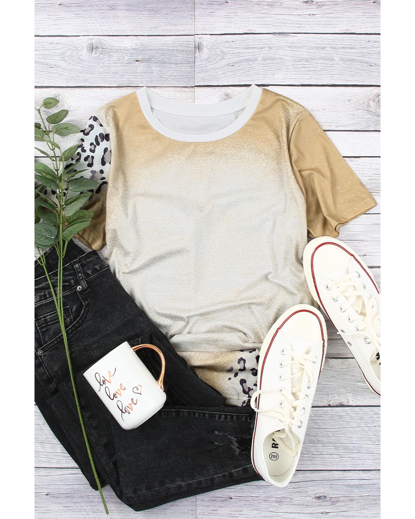 V539-AZEXDC25216420-16-S-202506121007-00 Khaki Bleached Leopard Print Crew Neck T Shirt - S - Image 1