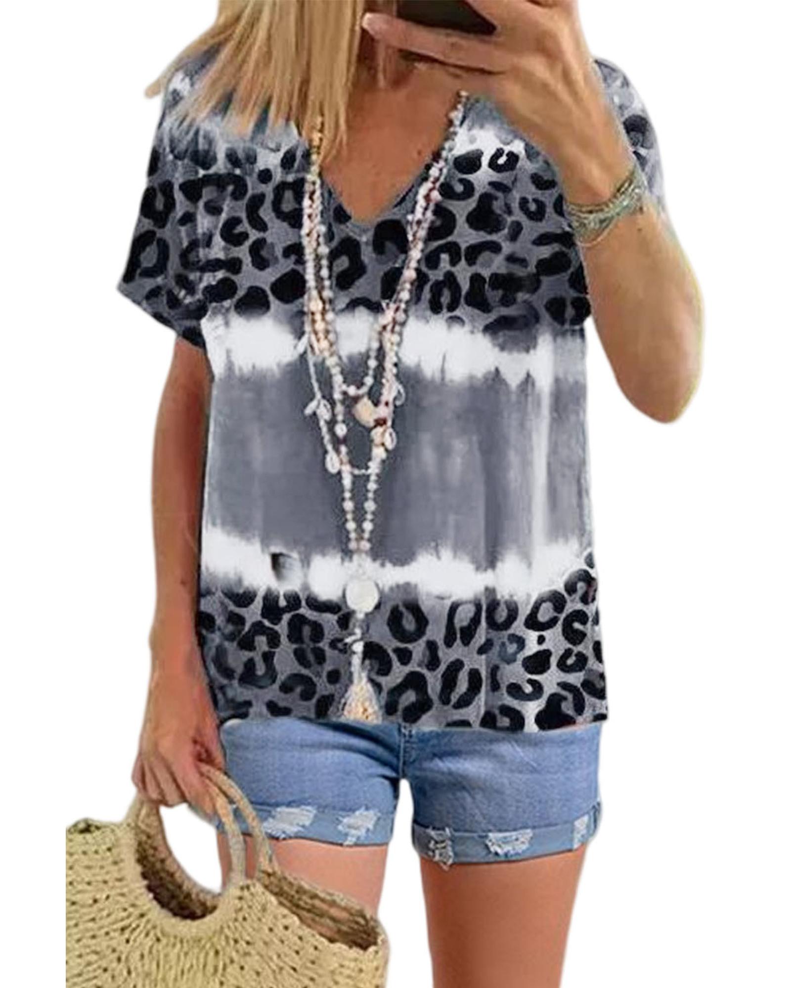 V539-AZEXDC25219925-11-S-202508262310-00 Azura Exchange Leopard Patchwork Short Sleeve Top - S - Image 1