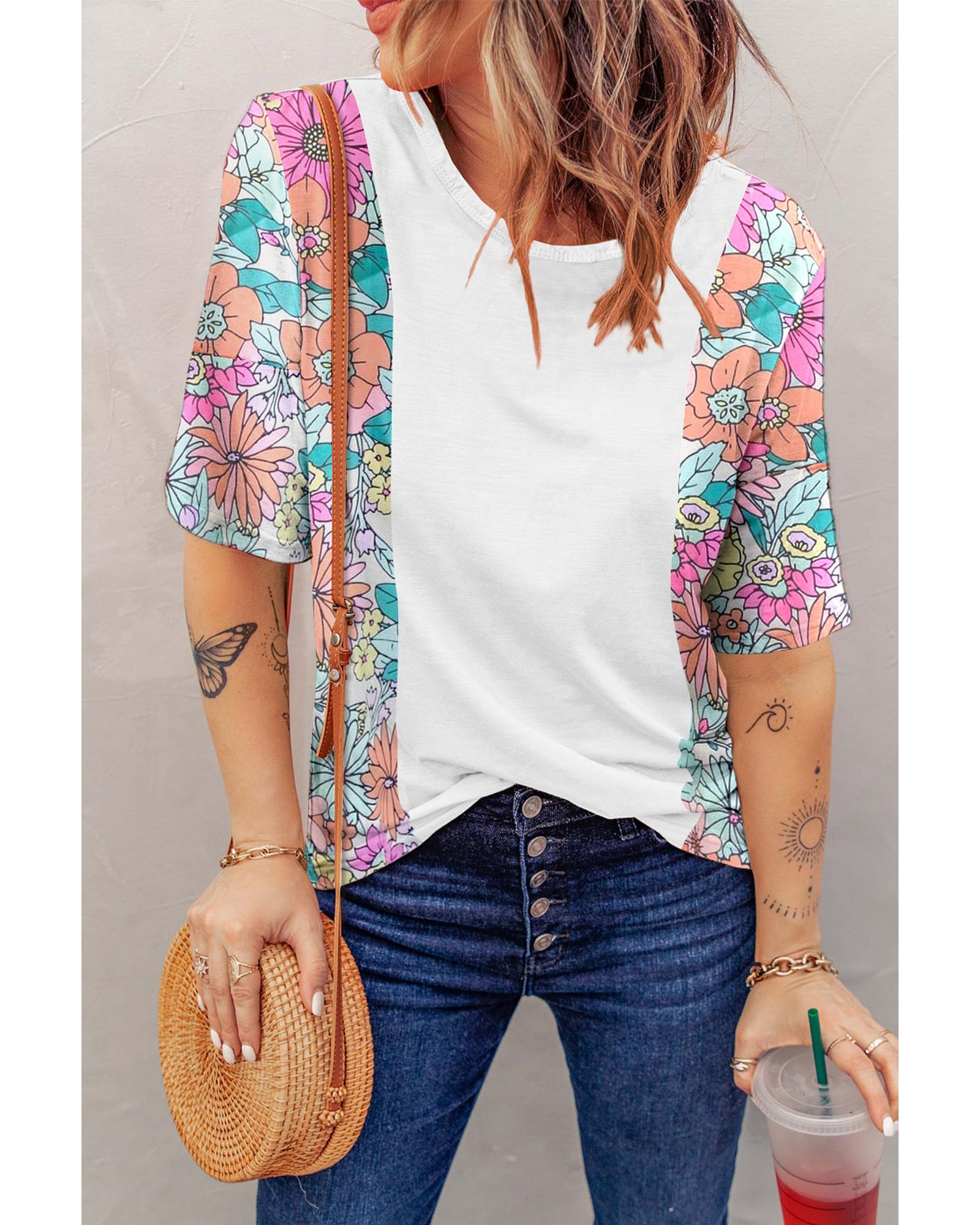 V539-AZEXDC25220804-1-XL-202508262110-00 Azura Exchange Patchwork Floral Print Short Sleeve Top - XL - Image 1