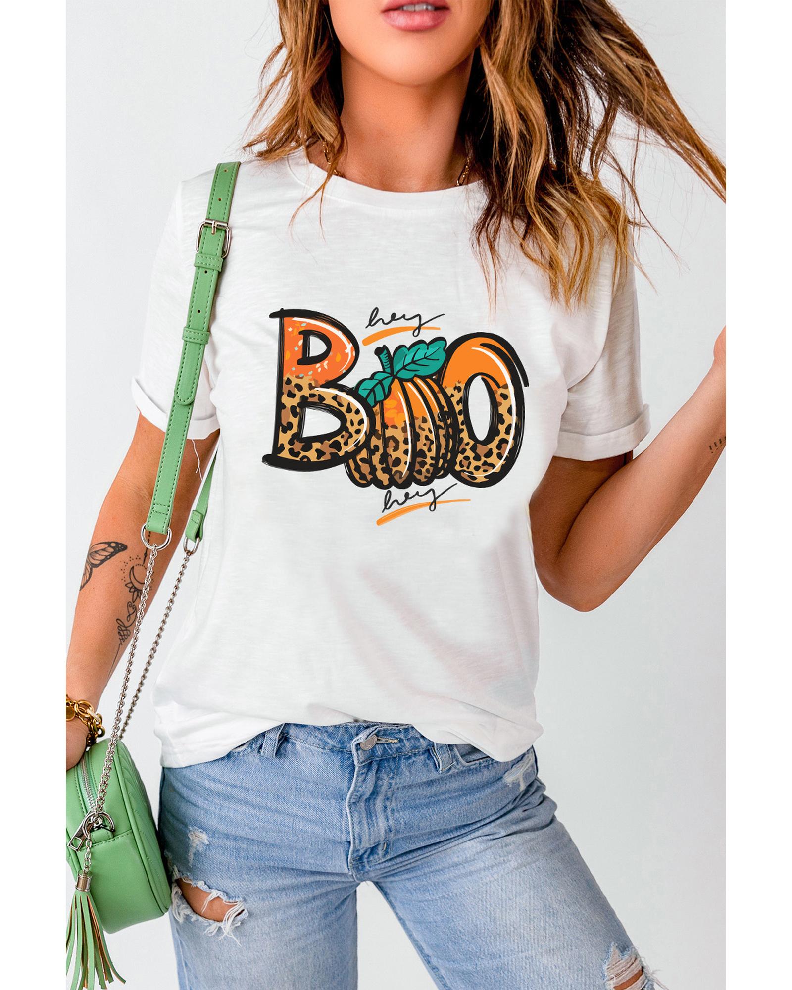 V539-AZEXDC25222629-1-XL-202508271720-00 White BOO Pumpkin Leopard Print Crew Neck T Shirt - XL - Image 1