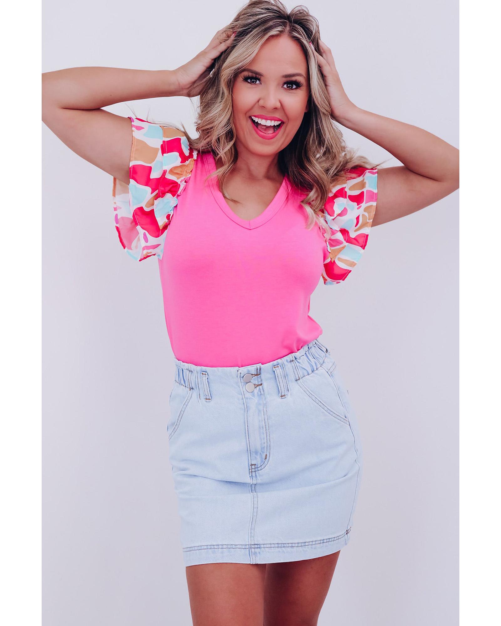 V539-AZEXDC25223645-P3010-L-202508270255-00 Bonbon V Neck Printed Ruffle Sleeve Patchwork T-shirt - L - Image 1