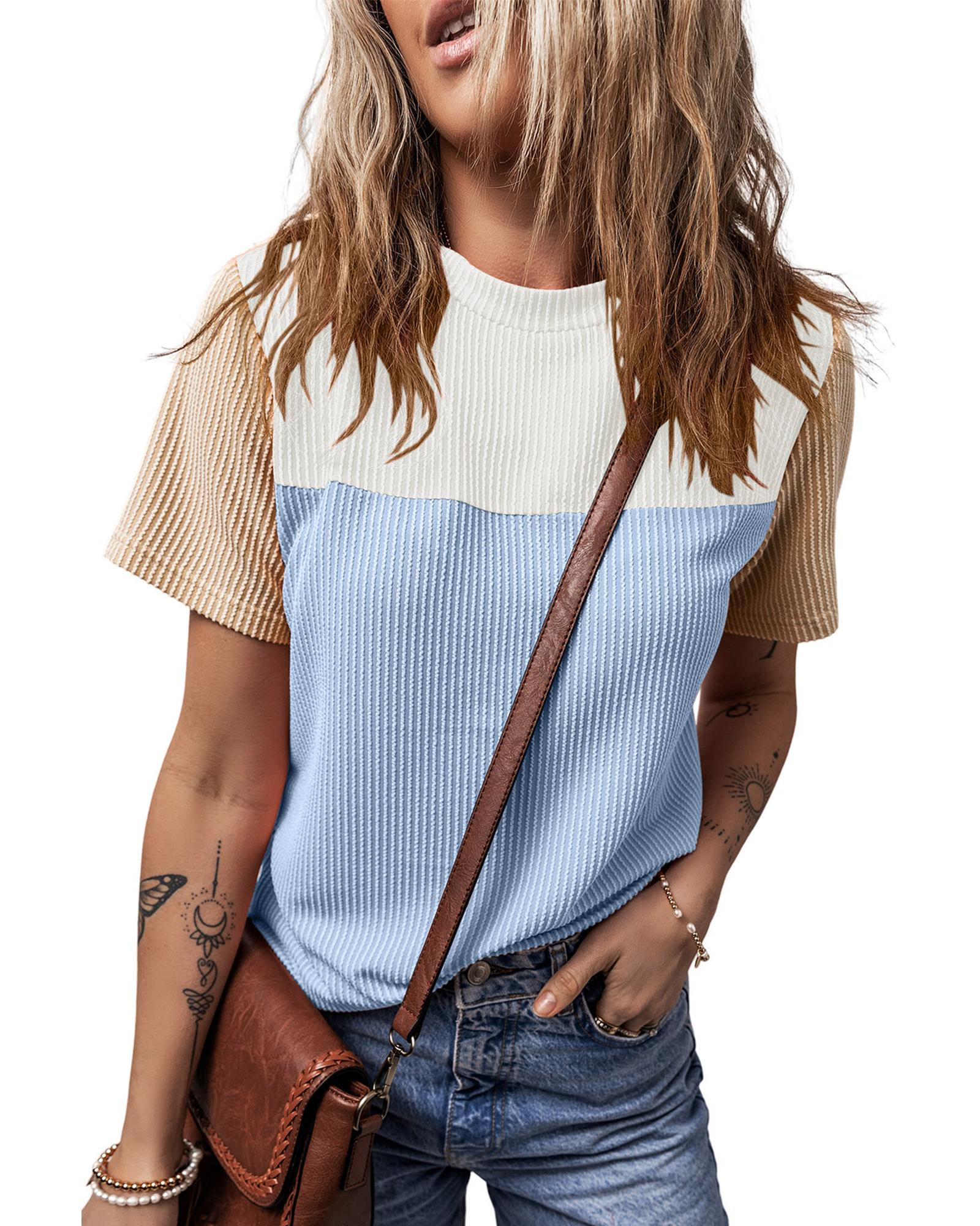 V539-AZEXDC25223771-P422-L-202508271915-00 Light Blue Rib Textured Colorblock T Shirt - L - Image 1