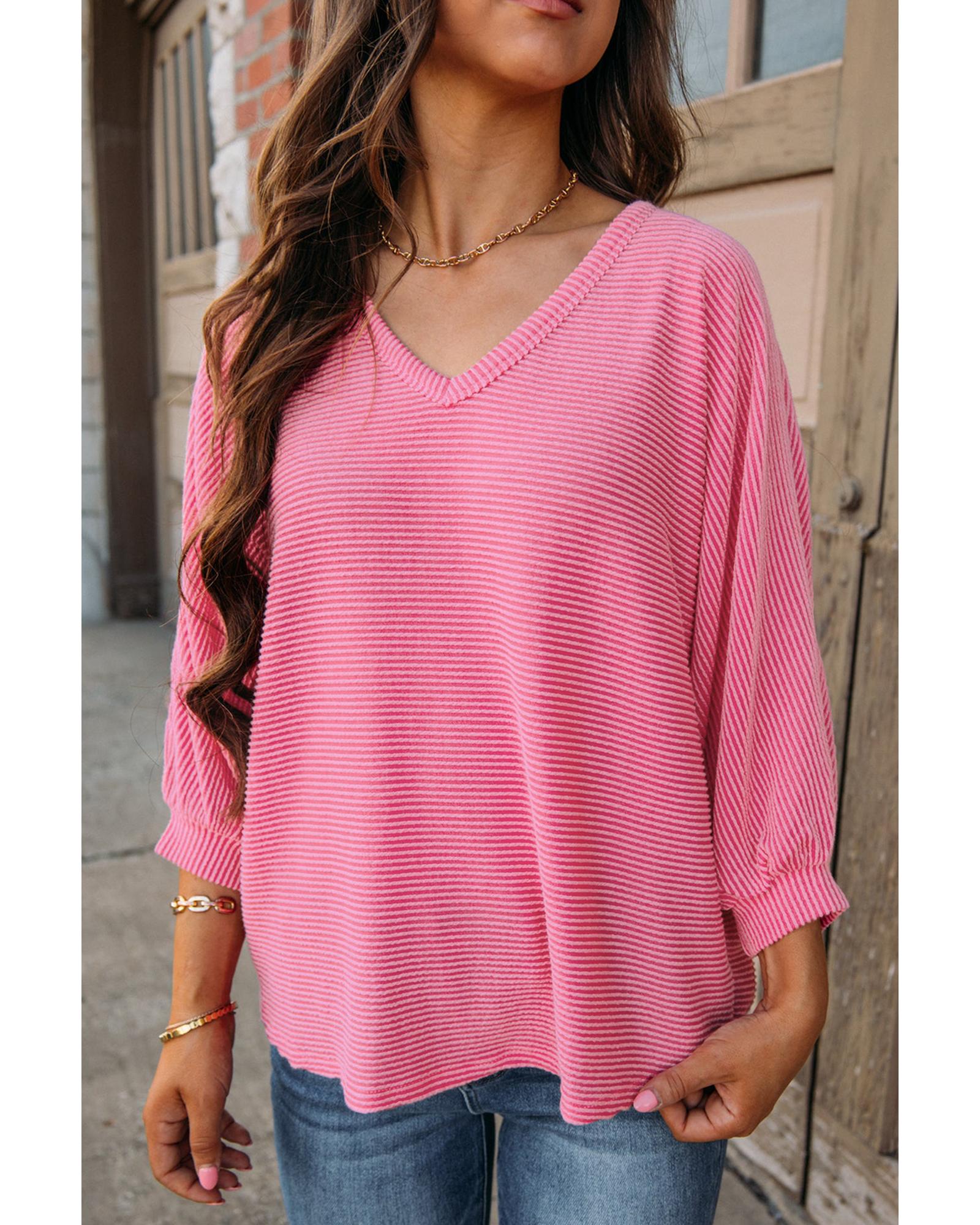 V539-AZEXDC25224107-P306-XL-202508270825-00 Strawberry Pink Striped Print Bracelet Sleeve V Neck Top - XL - Image 1