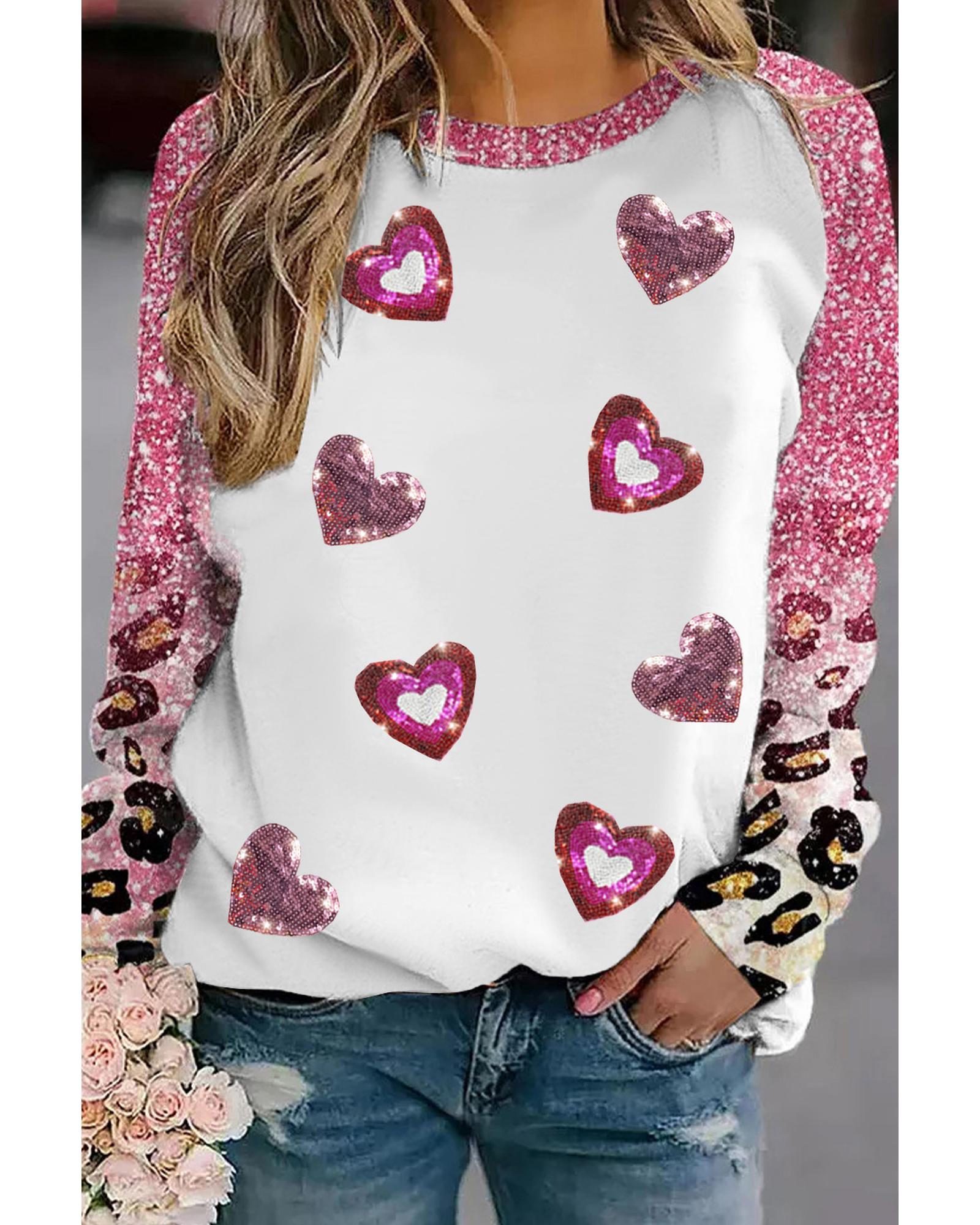 V539-AZEXDC25224294-10-M-202508270800-00 Pink Sequin Heart Shaped Leopard Long Sleeve Top - M - Image 1