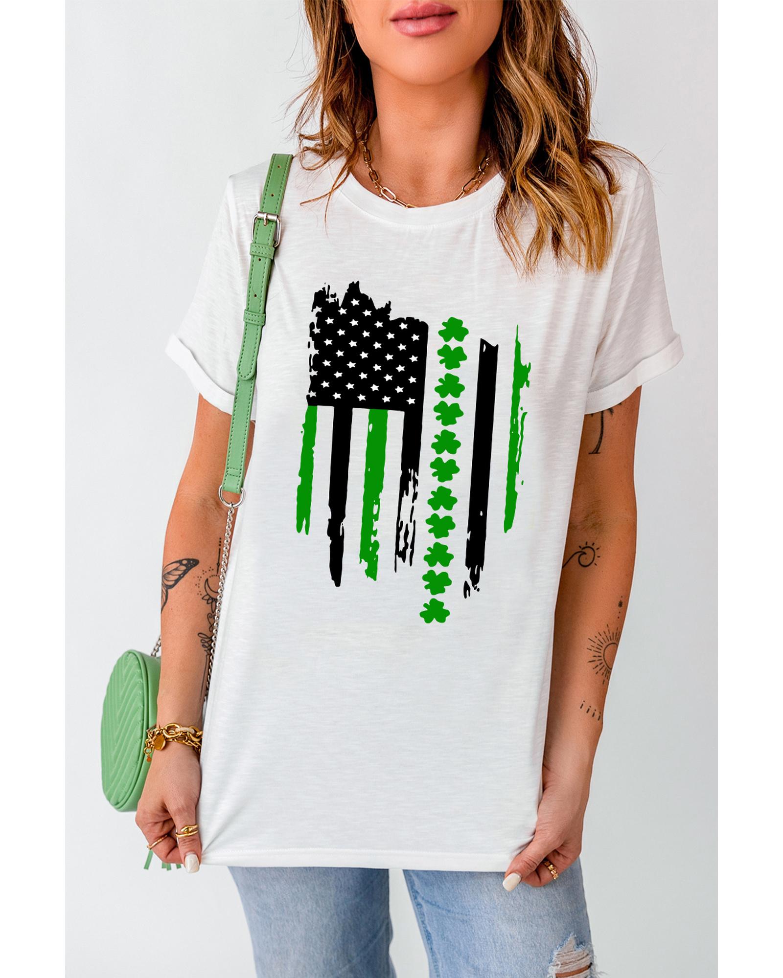 V539-AZEXDC25224587-1-M-202508270345-00 White St. Patricks Clover American Flag Print Crewneck Tee - M - Image 1