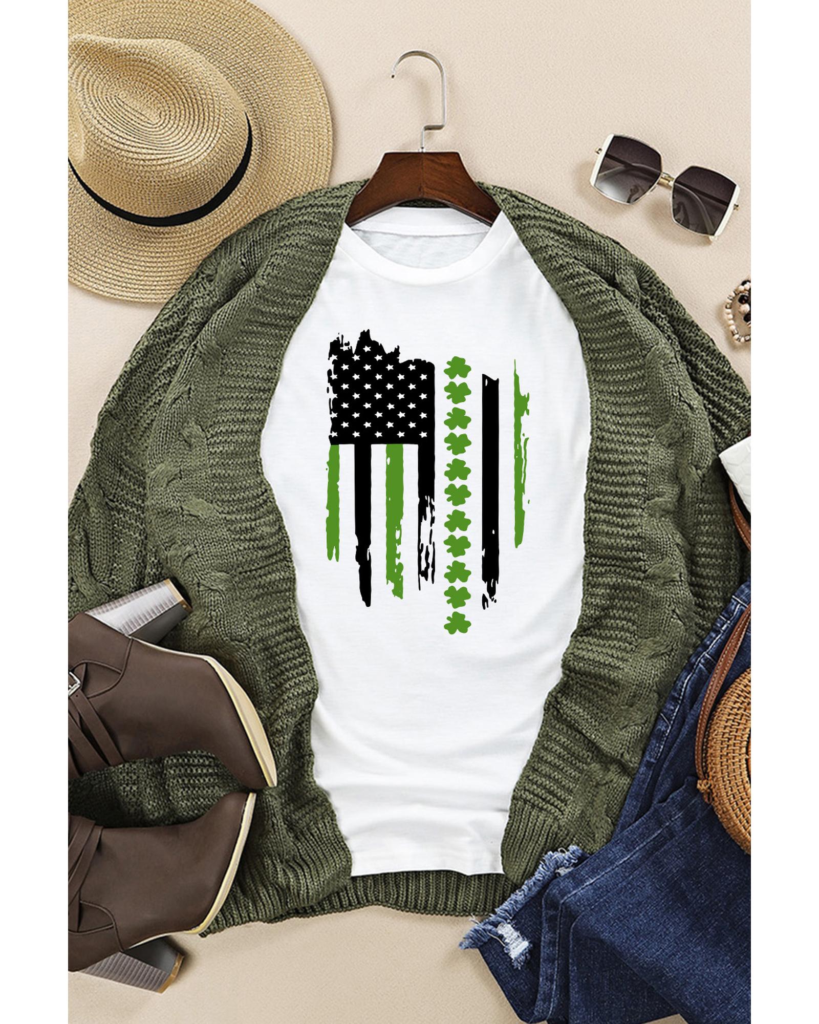 V539-AZEXDC25224587-1-XL-202508270530-00 White St. Patricks Clover American Flag Print Crewneck Tee - XL - Image 1