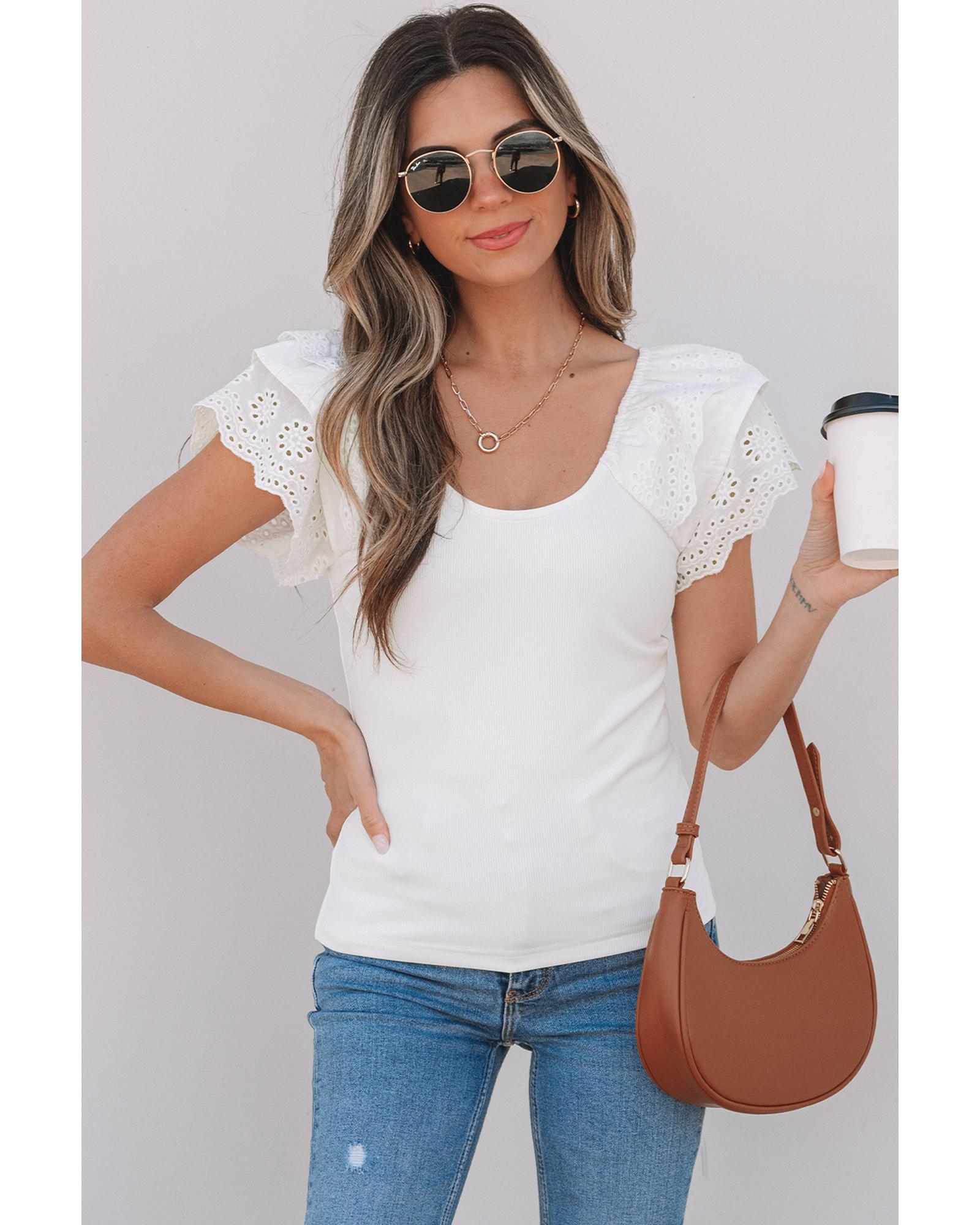 V539-AZEXDC25224993-P1-XL-202508272150-00 White Eyelet Ruffle Sleeve Slim Fitted Top - XL - Image 1