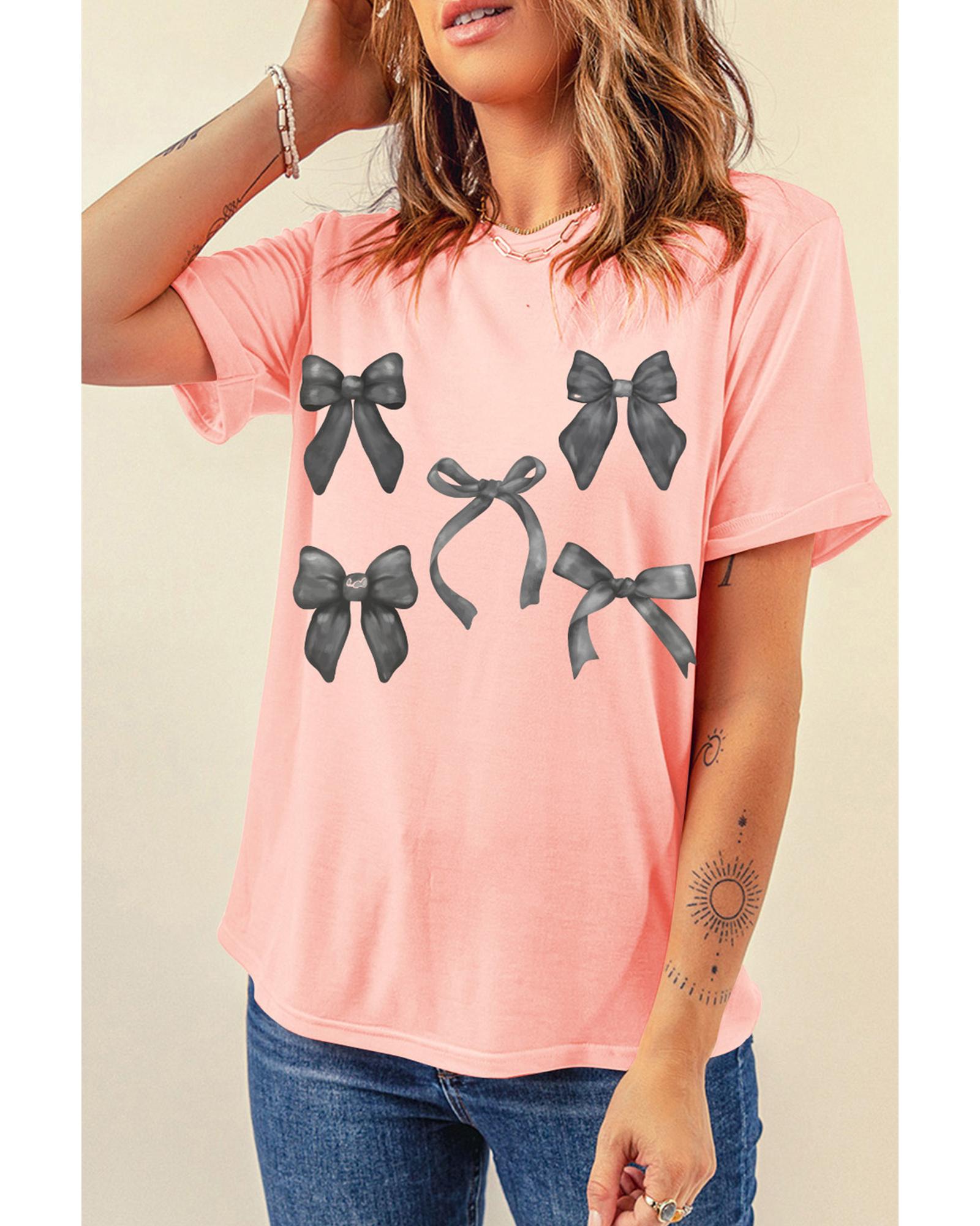 V539-AZEXDC25225449-10-L-202508271915-00 Pink Bow Knots Print Slim Fit Crew Neck T Shirt - L - Image 1