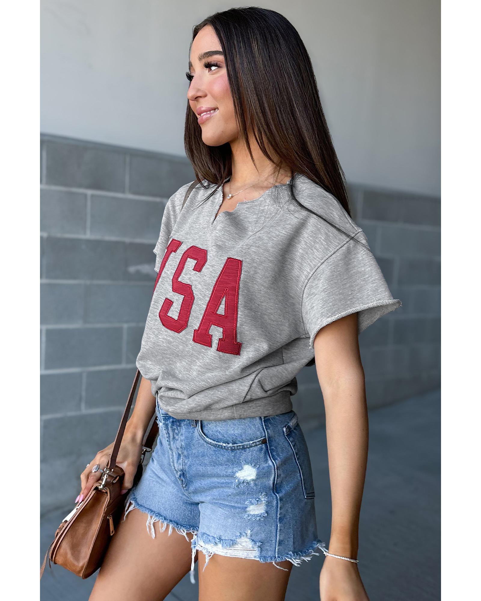 V539-AZEXDC25225460-P1011-L-202508270150-00 Light Grey USA Lettering Patch Notched Neck Loose Tee - L - Image 1