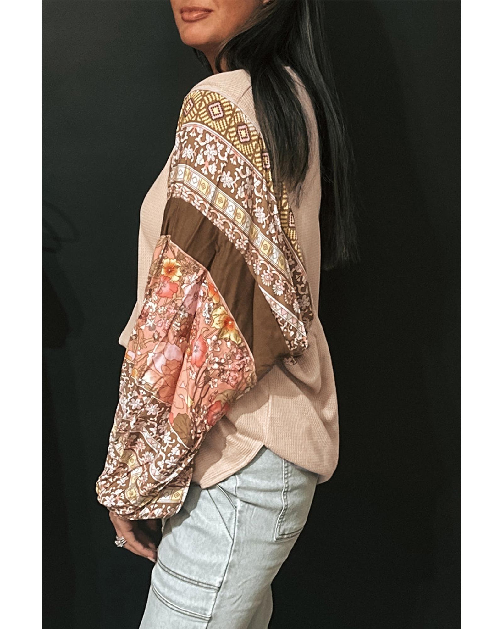 V539-AZEXDC25226220-P6016-XL-202508270805-00 Parchment Contrast Floral Patchwork Puff Sleeve Waffle Knit Top - XL - Image 1