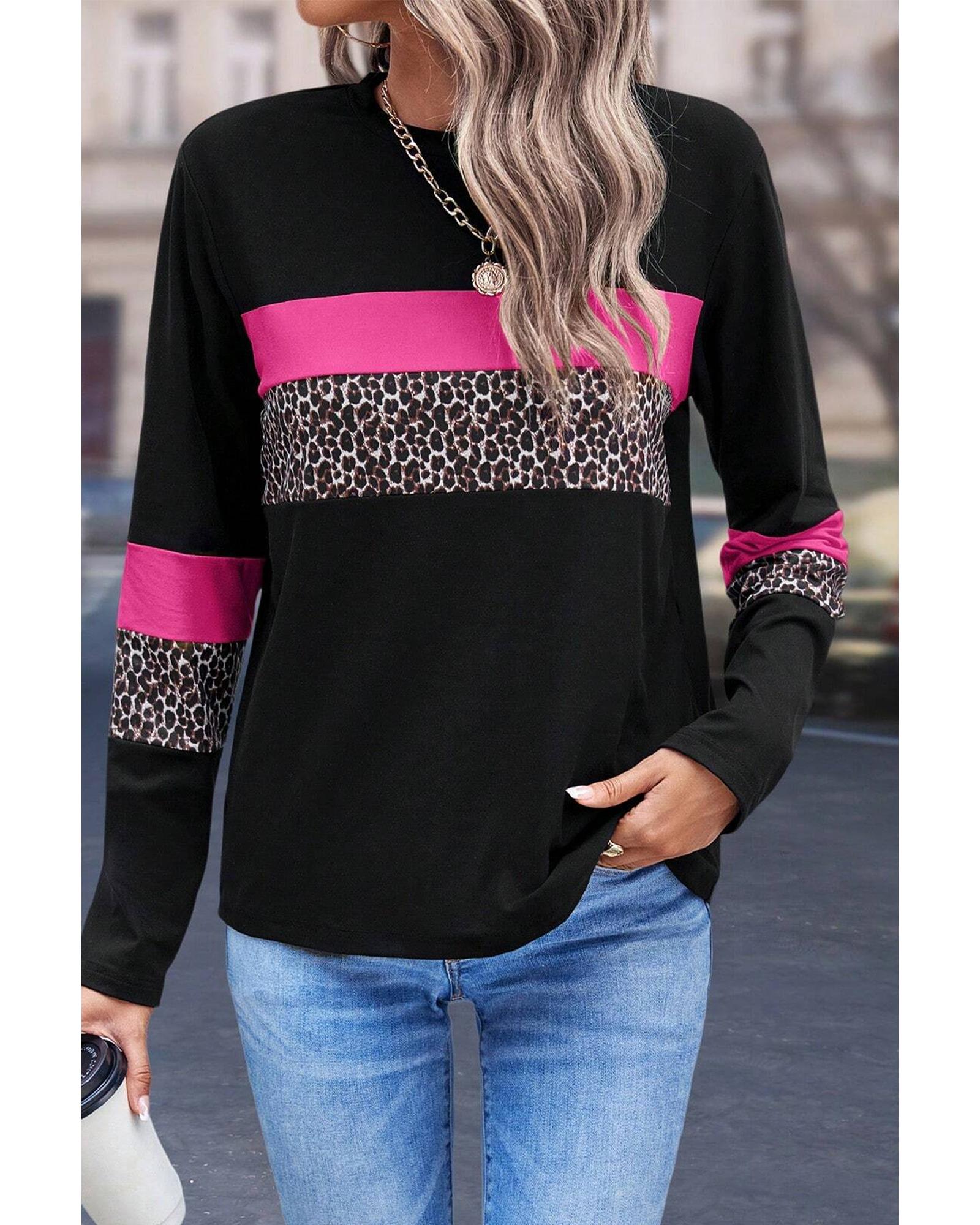 V539-AZEXDC25226317-P620-M-202508272355-00 Rose Leopard Colorblock Patchwork Crew Neck Long Sleeve Tee - M - Image 1
