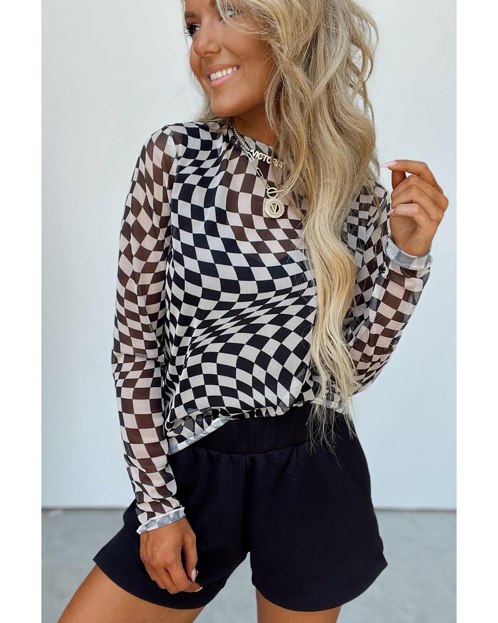 V539-AZEXDC25226716-P220-XL-202508271106-00 Black Checkered Pattern Mesh Mock Neck Long Sleeve Top - XL - Image 1