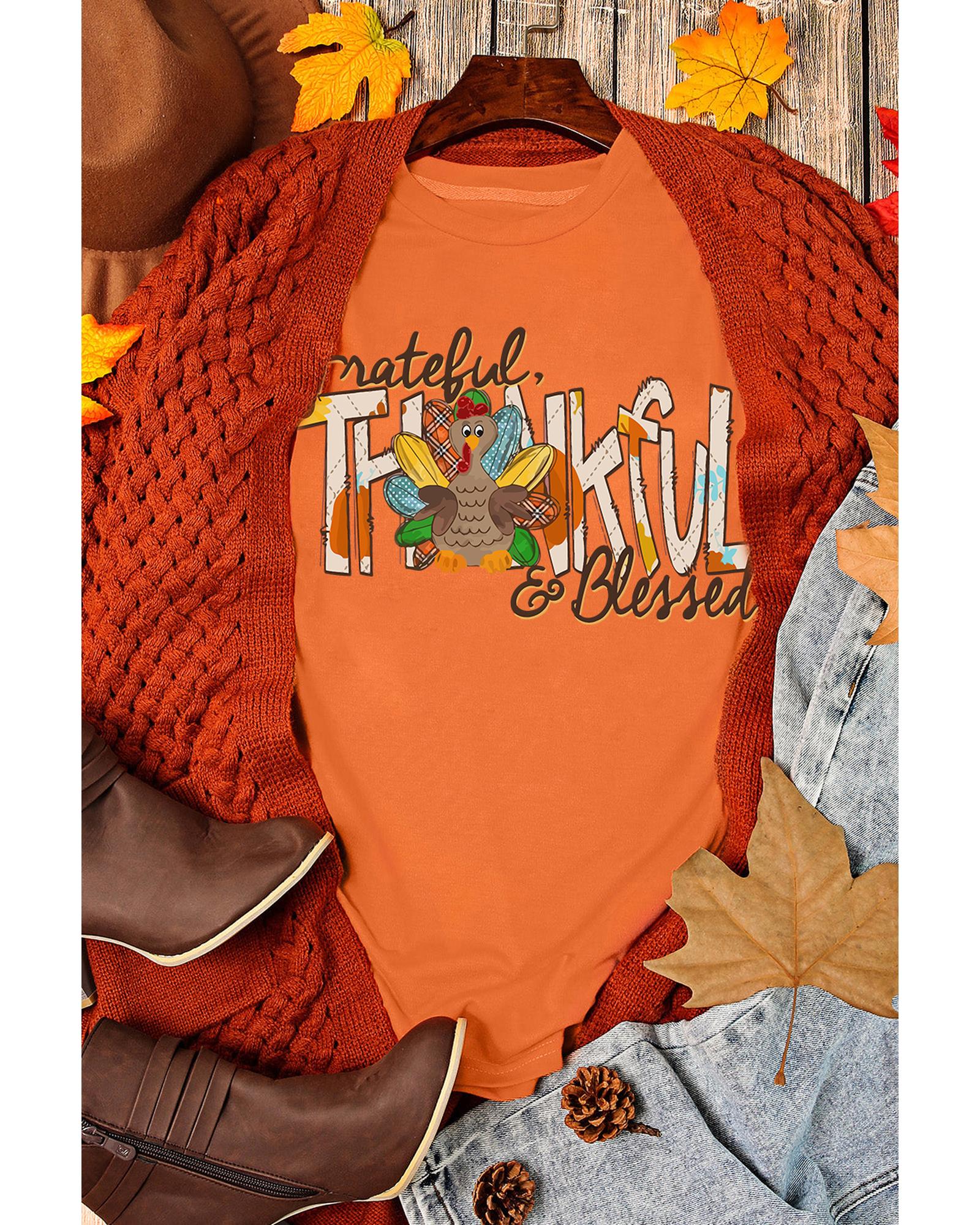 V539-AZEXDC25226719-14-S-202506121717-00 Orange Grateful Thankful Blessed Turkey Graphic Thanksgiving T Shirt - S - Image 1