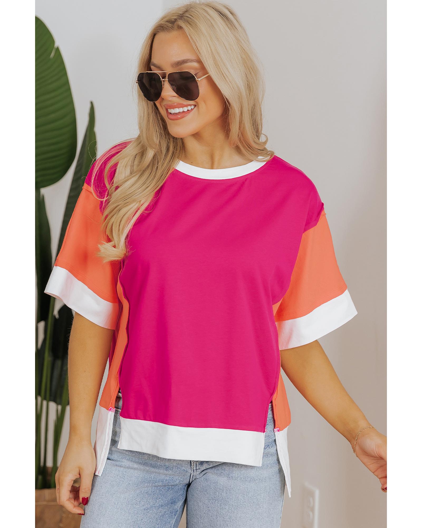V539-AZEXDC25226760-P6-M-202508271120-00 Rose Red Color Block Patchwork Side Slits Loose Fit T Shirt - M - Image 1