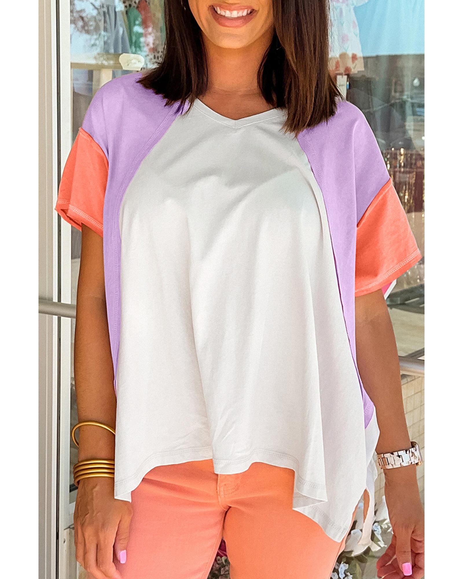 V539-AZEXDC25226762-P1522-S-202506121911-00 Beige Colorblock Patchwork V Neck Exposed Seam High Low T Shirt - S - Image 1