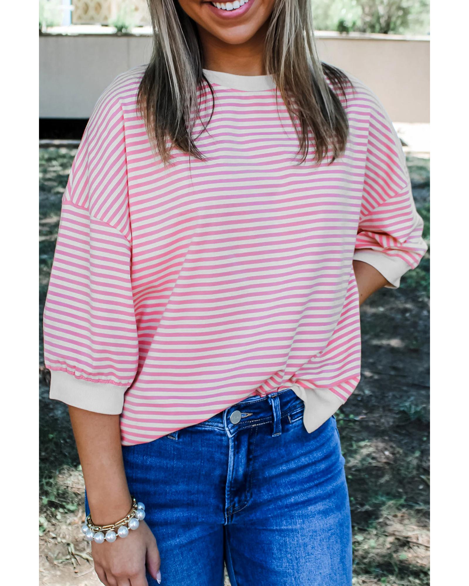 V539-AZEXDC25226788-P10-L-202508270240-00 Pink Striped 3/4 Sleeve Drop Shoulder Top - L - Image 1