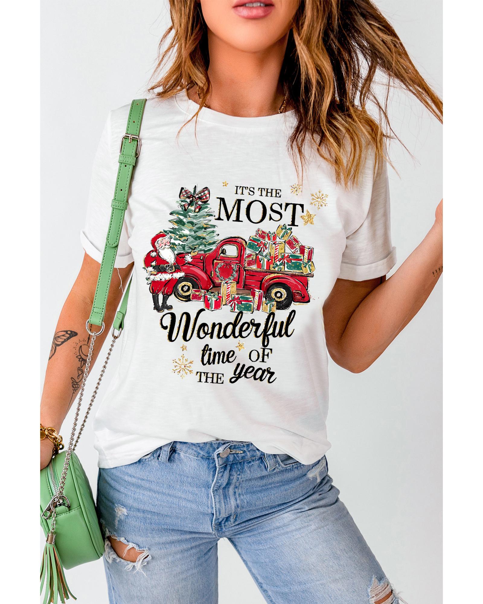 V539-AZEXDC25226798-1-M-202508292140-00 White Christmas Pattern Slogan Print Crew Neck T Shirt - M - Image 1