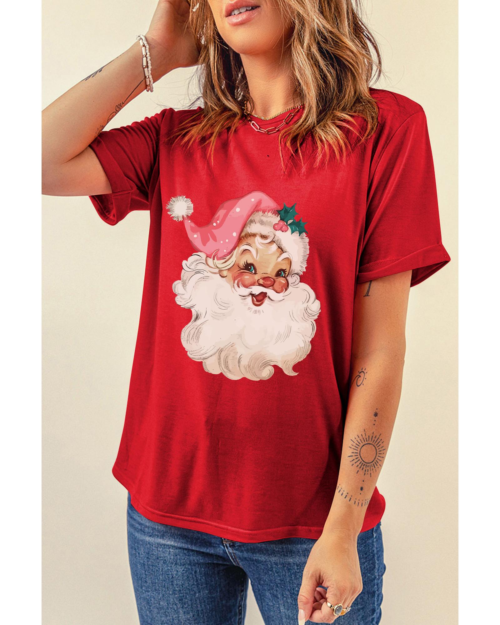 V539-AZEXDC25226829-103-XL-202508290045-00 Red Christmas Santa Claus Print Crew Neck T Shirt - XL - Image 1