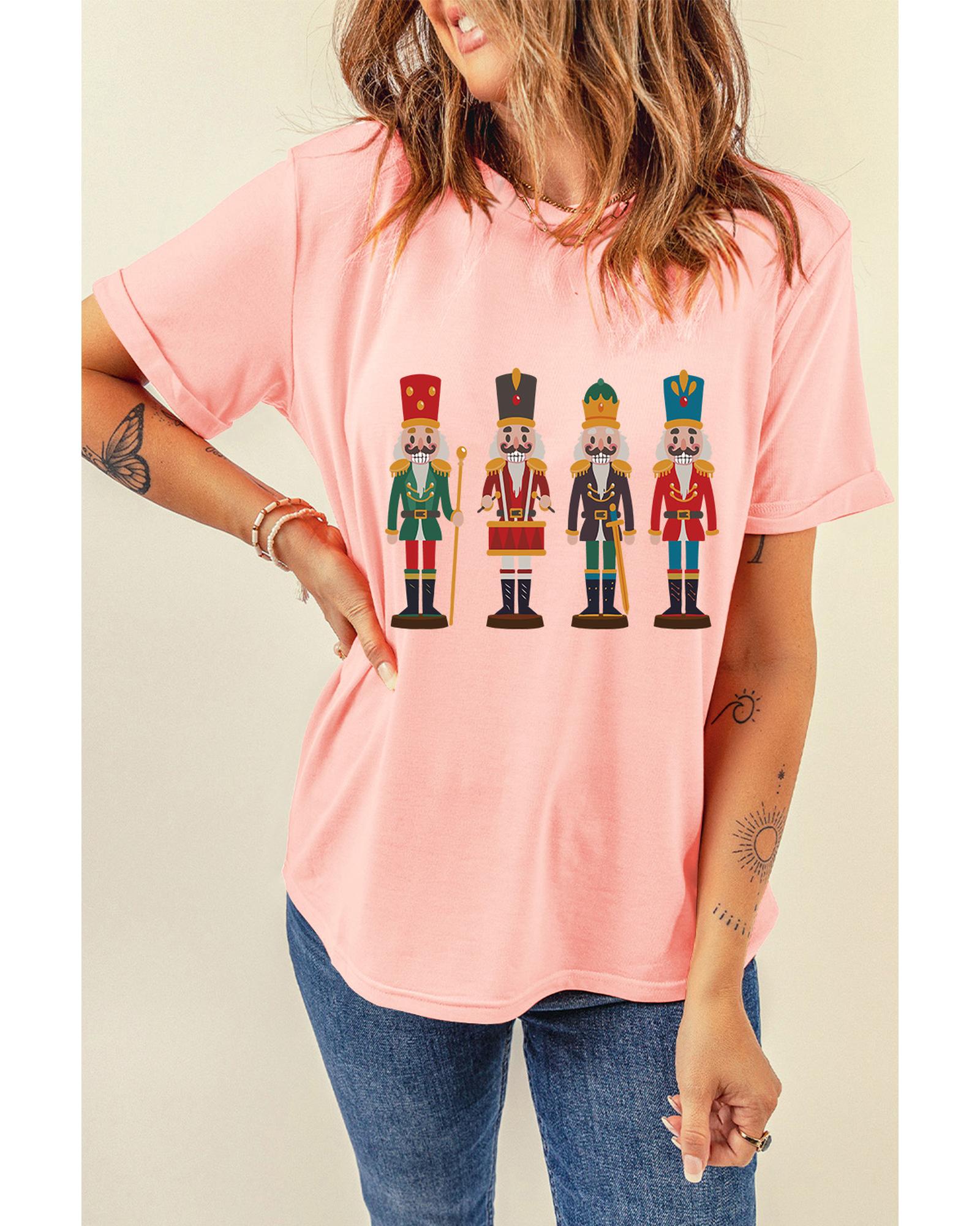 V539-AZEXDC25226860-10-L-202508281255-00 Pink Cute Nutcracker Graphic Crewneck Christmas T Shirt - L - Image 1