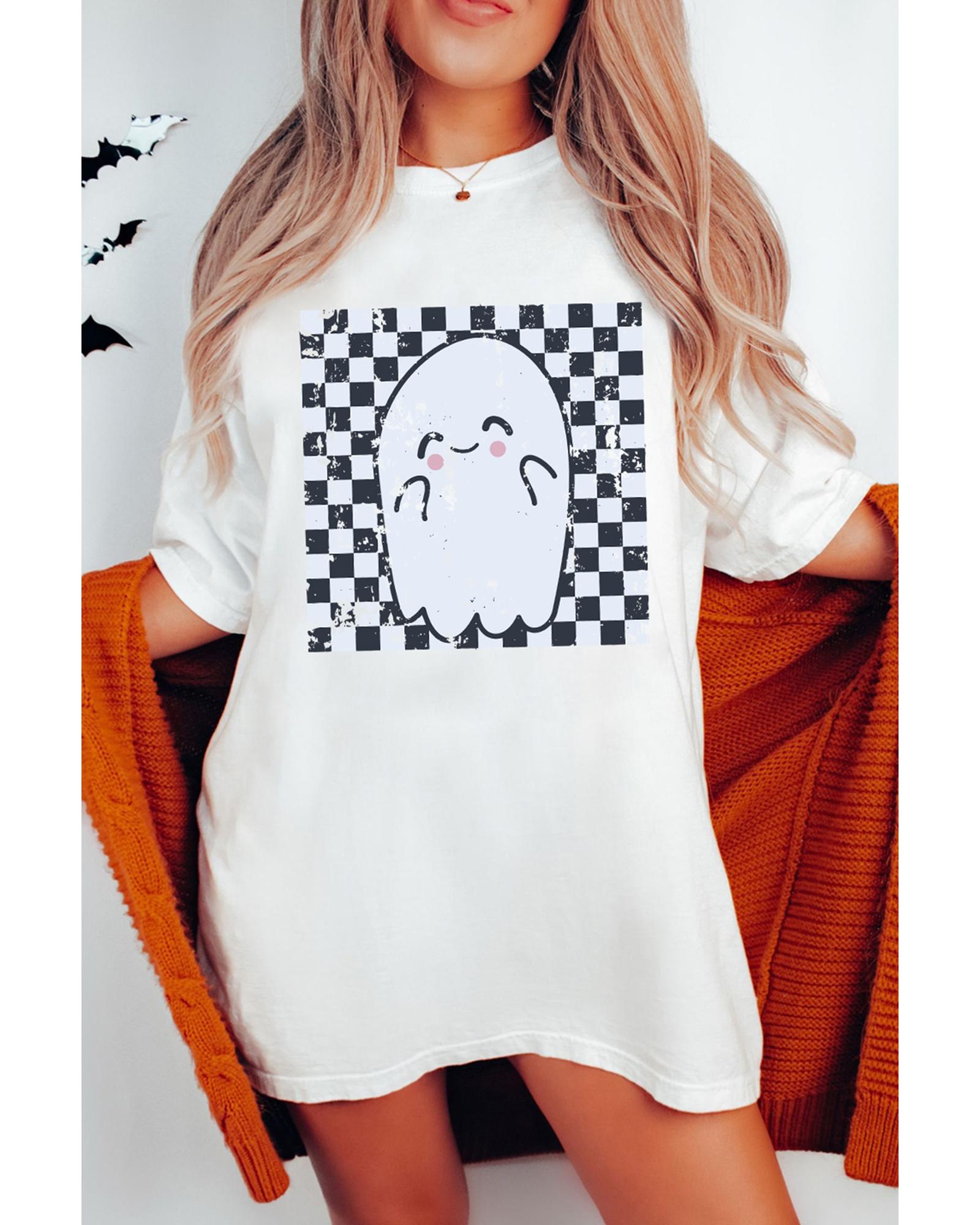 V539-AZEXDC25226913-P101-M-202508280905-00 White Checkered Ghost Print Crew Neck Oversized T Shirt - M - Image 1