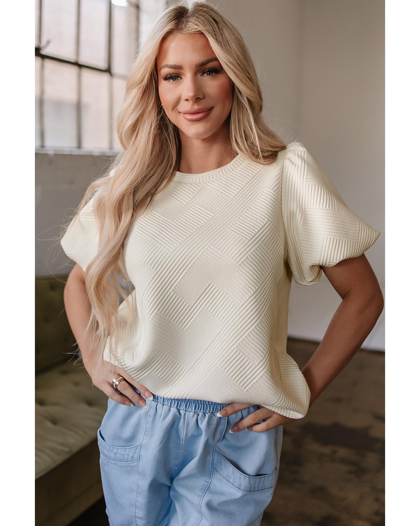 V539-AZEXDC25227131-P1015-S-202506121912-00 Oatmeal Textured Puff Sleeve T-shirt - S - Image 1