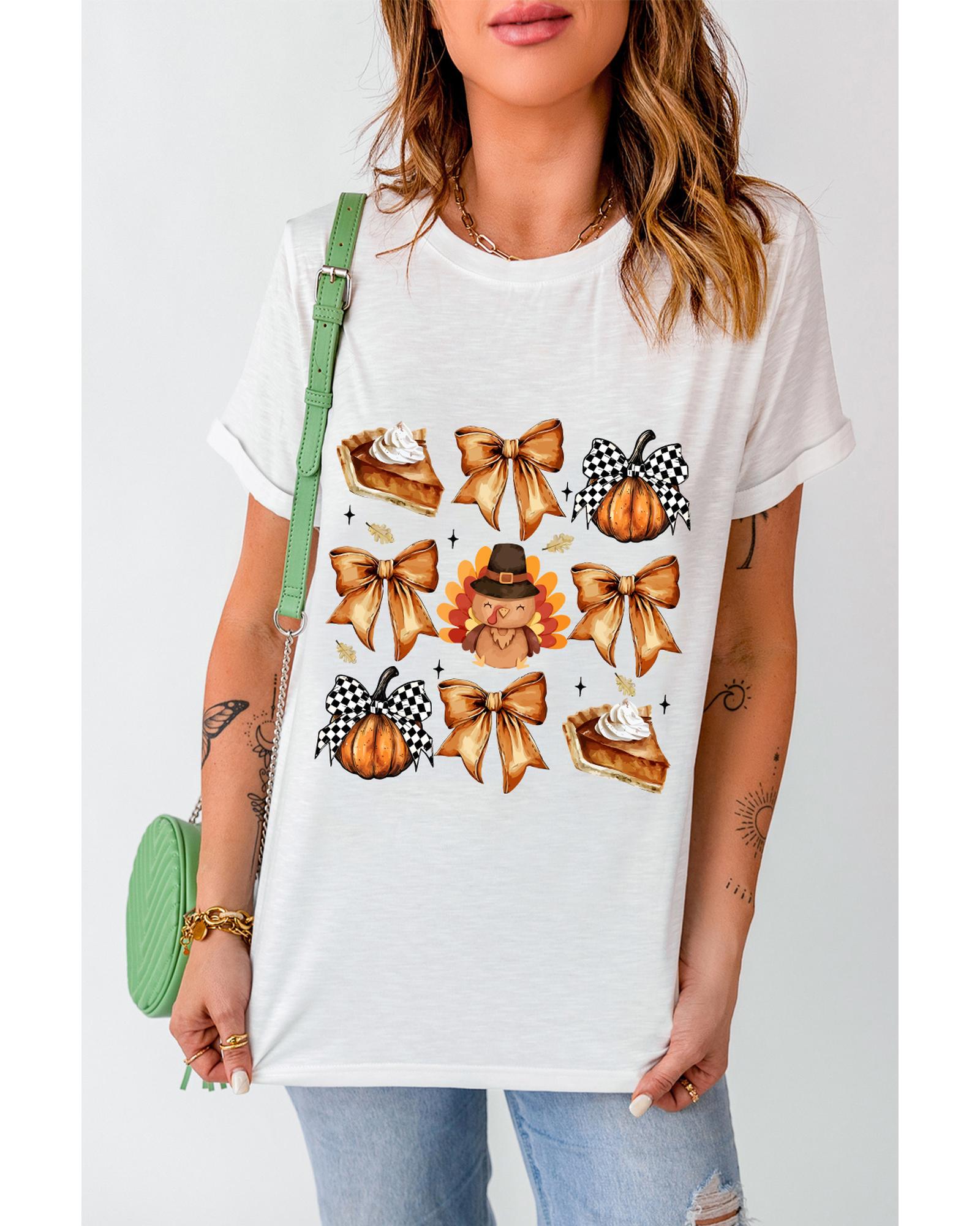 V539-AZEXDC25227166-1-3XL-202508290130-00 White Cute Bowknot Tanksgiving Graphic Crewneck T Shirt - 3XL - Image 1