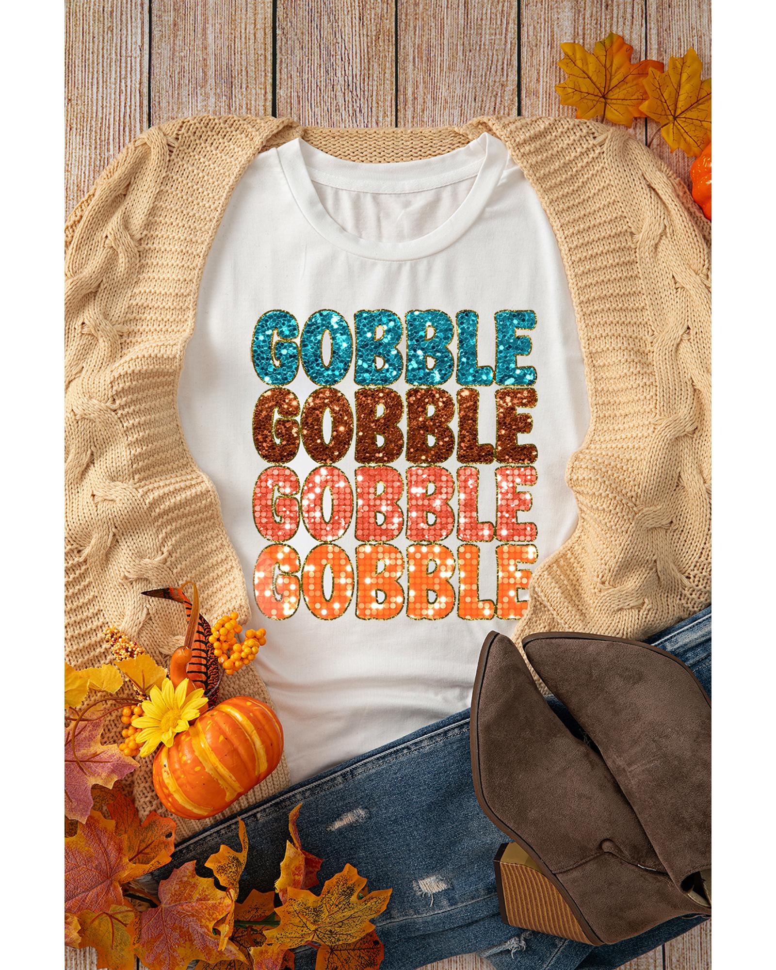 V539-AZEXDC25227175-1-2XL-202508281645-00 White Heat Transfer GOBBLE Graphic Crewneck Thanksgiving T Shirt - 2XL - Image 1