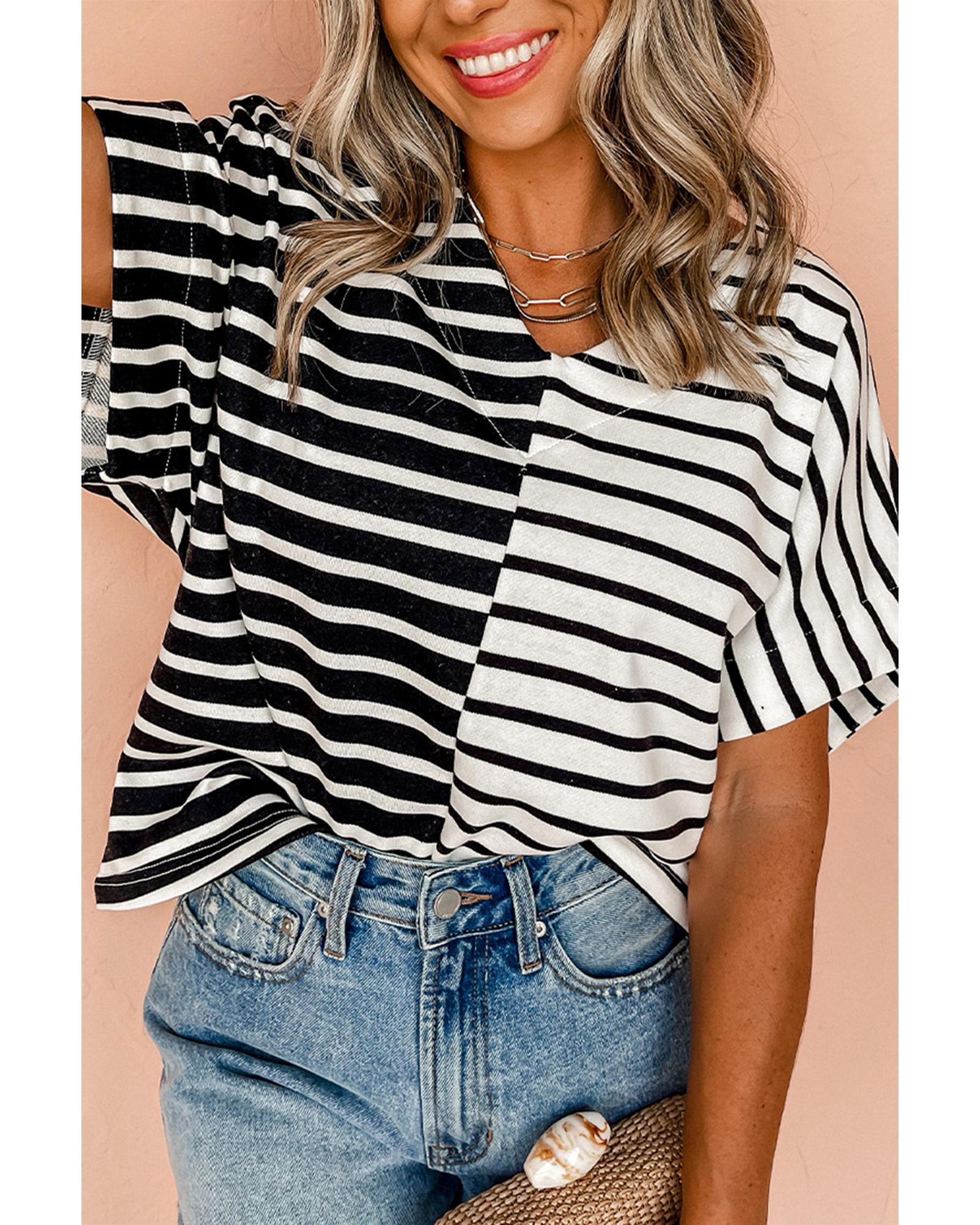 V539-AZEXDC25227351-P219-M-202508280615-00 Black Stripe Two Tone Colorblock V Neck T Shirt - M - Image 1