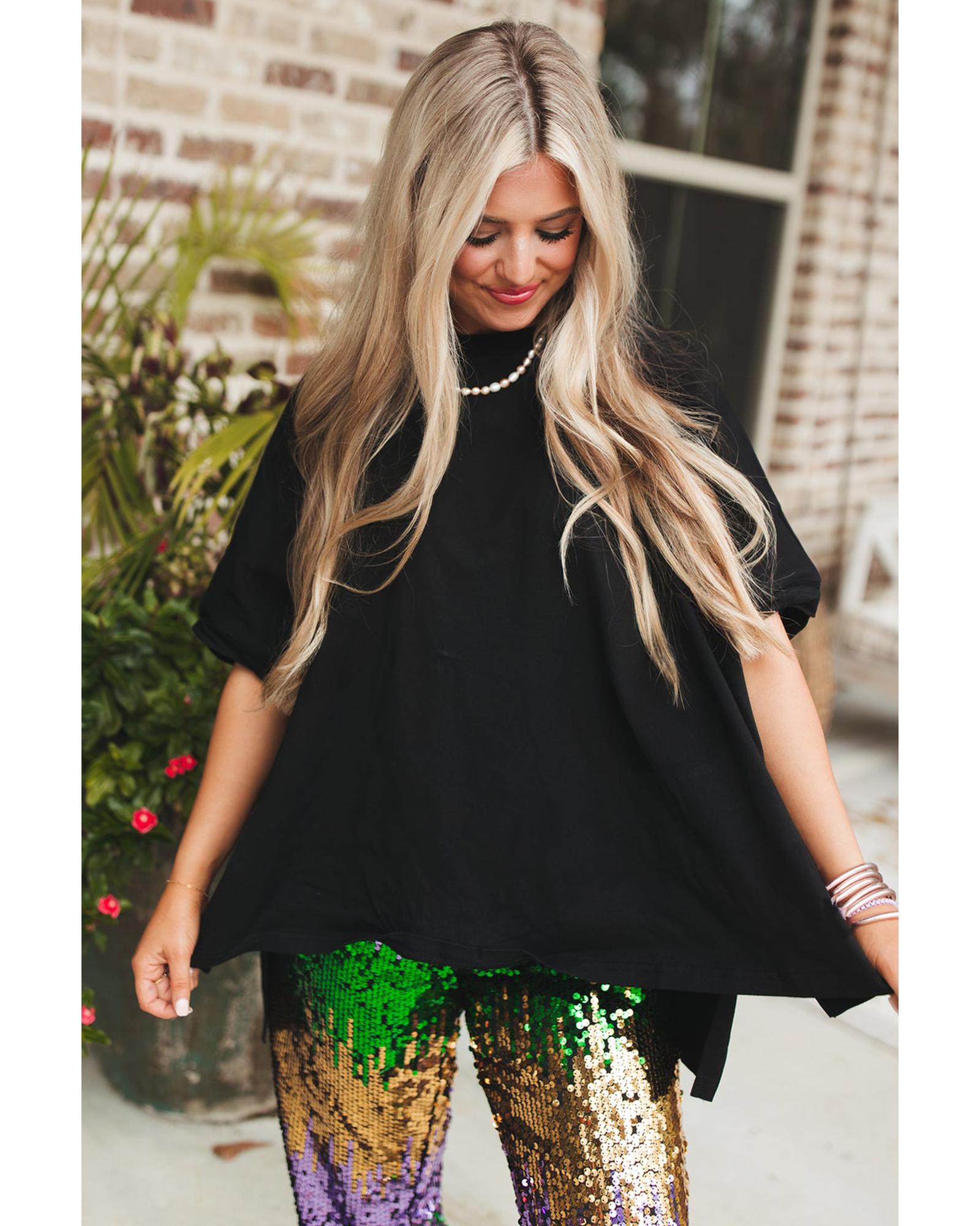 V539-AZEXDC25227530-P2-L-202508272325-00 Black Loose Half Sleeve Hi Low Hem T Shirt - L - Image 1