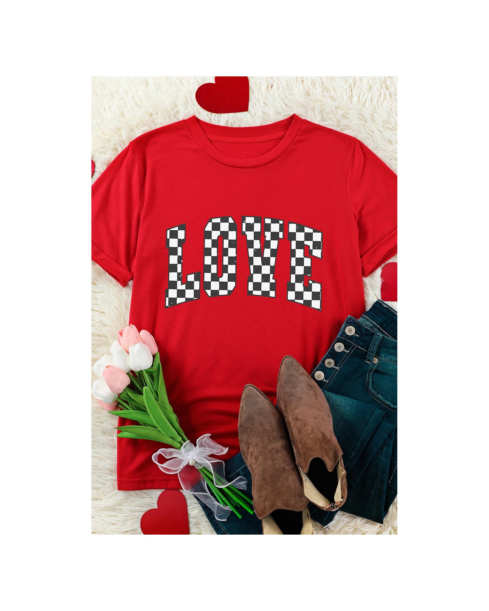 V539-AZEXDC25227857-103-XL-202508281005-00 Red Checkered LOVE Letter Graphic Valentines T Shirt - XL - Image 1