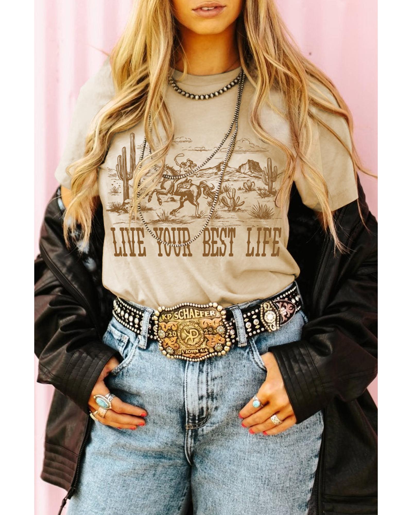 V539-AZEXDC25227874-P15-S-202506121632-00 Beige LIVE YOUR BEST LIFE Crew Neck Western Graphic Tee - S - Image 1