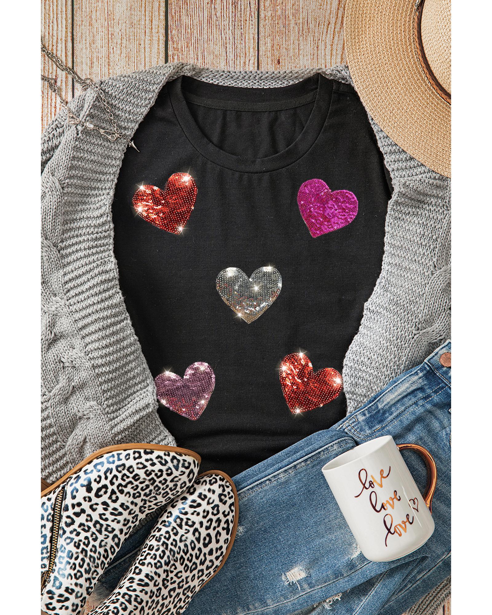 V539-AZEXDC25227985-2-L-202508300650-00 Black Sequin Heart Patched Pattern Crewneck Valentines Tee - L - Image 1